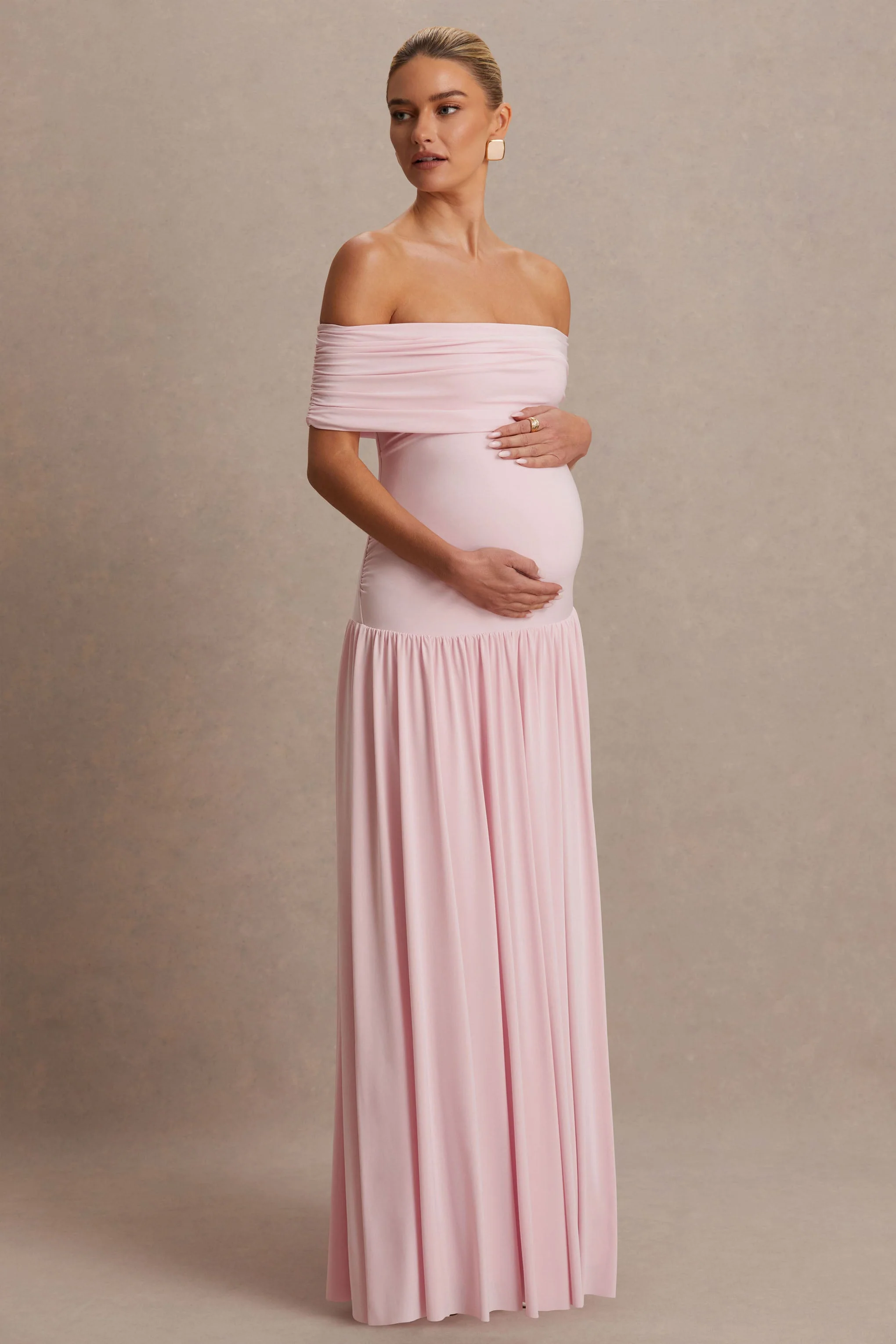 Juliette | Blosroze Bardot Hals Zwangerschaps Maxi Jurk Met Verlaagde Taille - Image 4