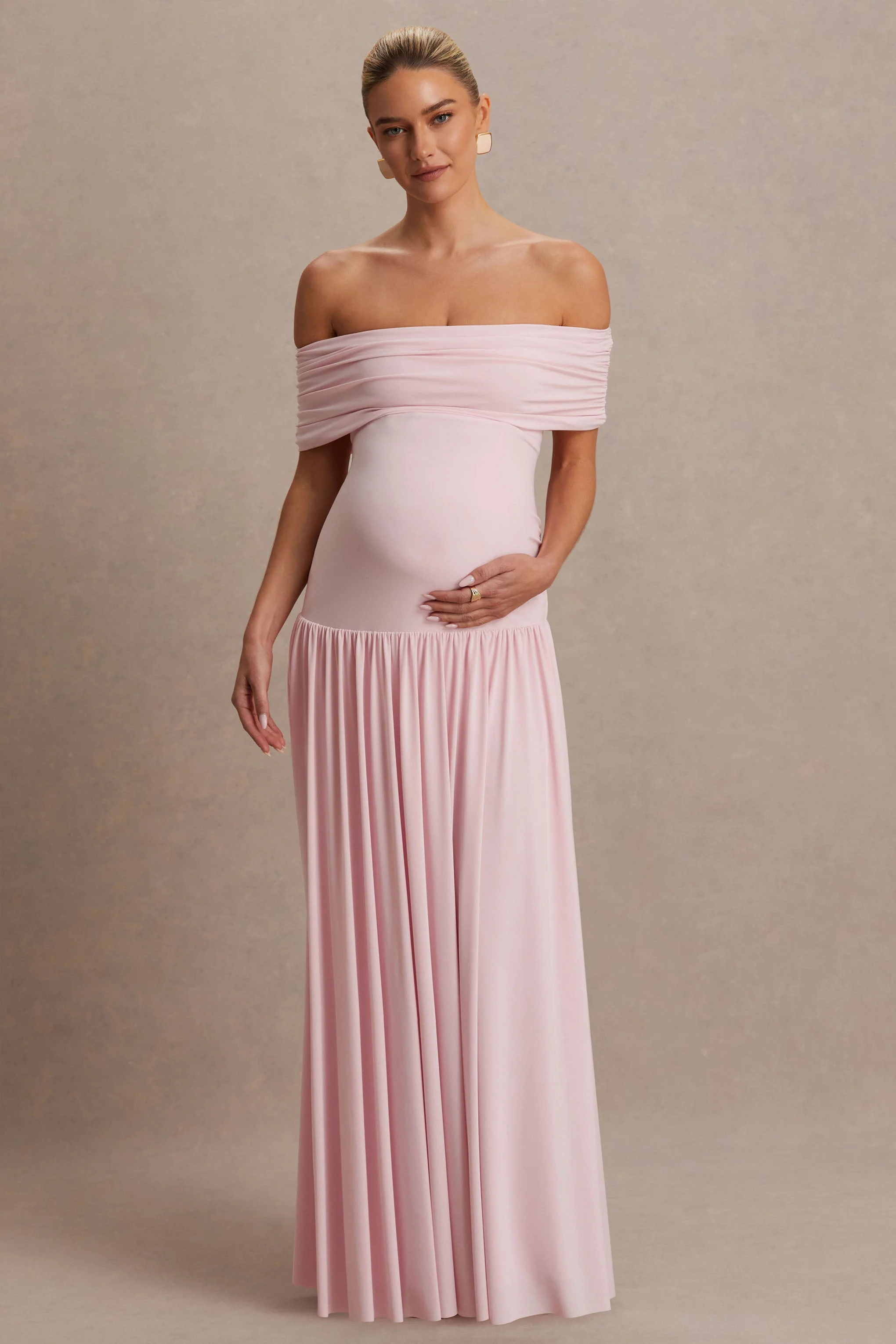 Juliette | Blosroze Bardot Hals Zwangerschaps Maxi Jurk Met Verlaagde Taille - Image 5