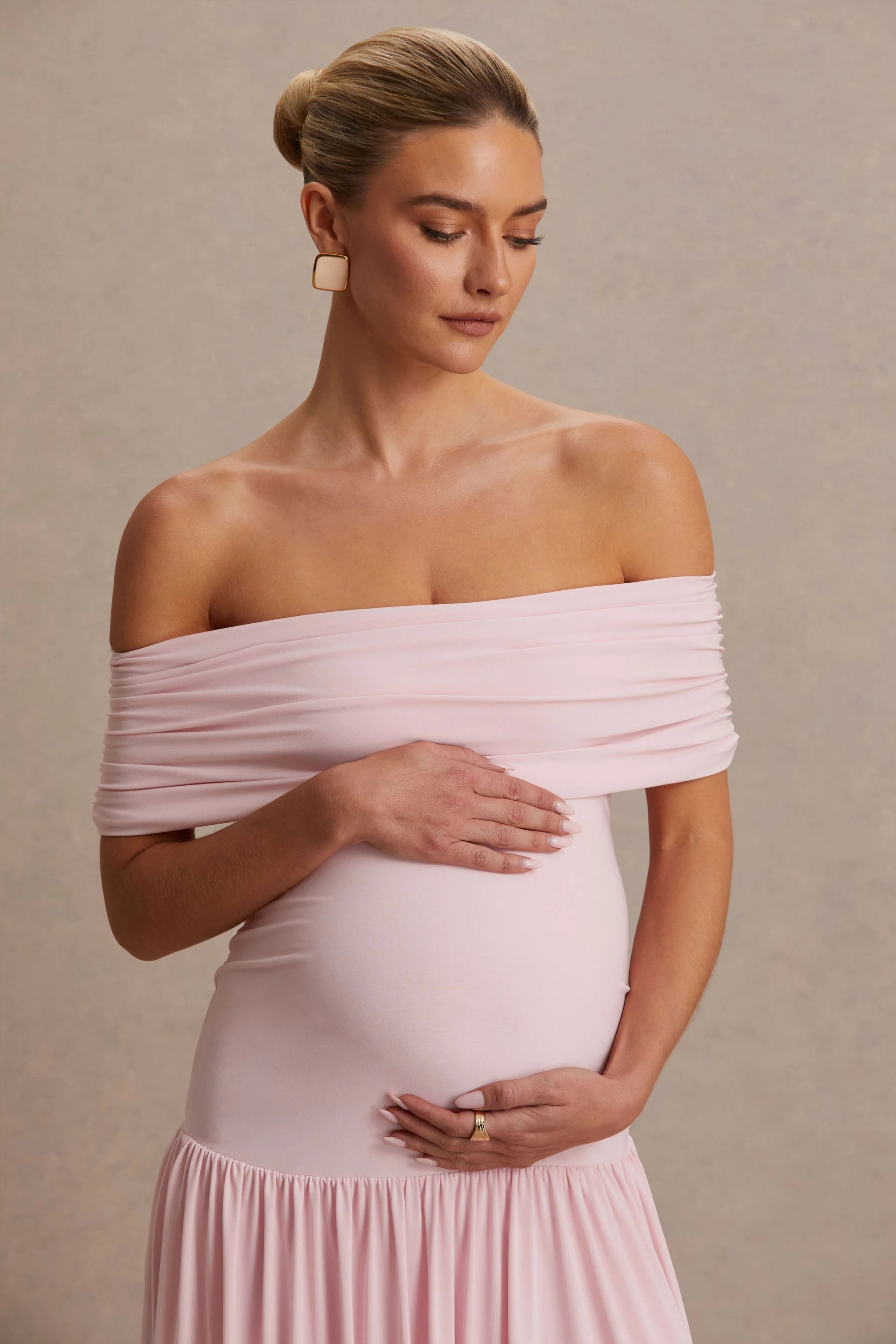 Juliette | Blosroze Bardot Hals Zwangerschaps Maxi Jurk Met Verlaagde Taille - Image 6