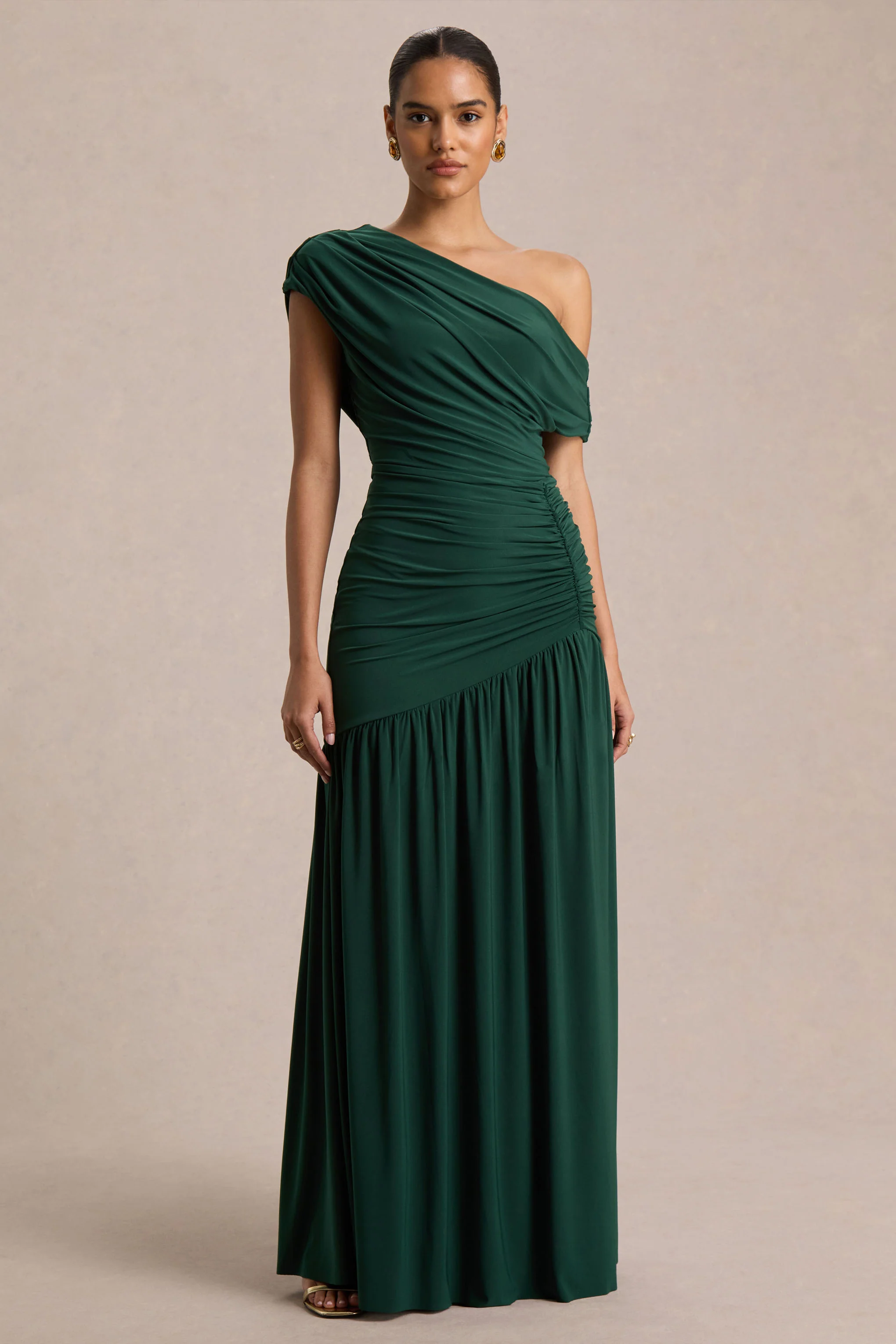 Kady | Donkergroene Asymmetrische Hals Maxi Jurk Met Gerimpelde Detail