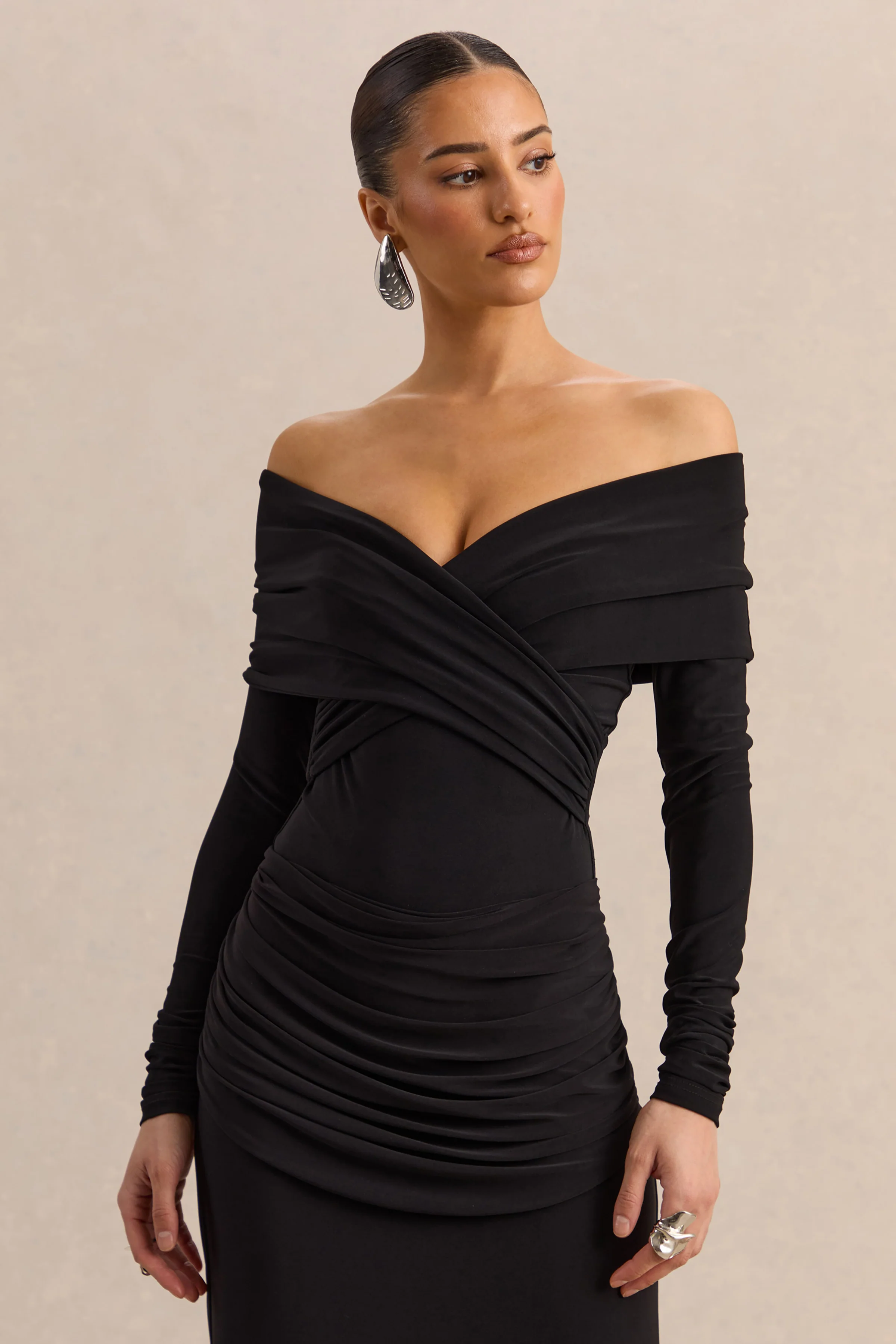 Kaelis | Zwarte Bardot Hals Body met Lange Mouwen