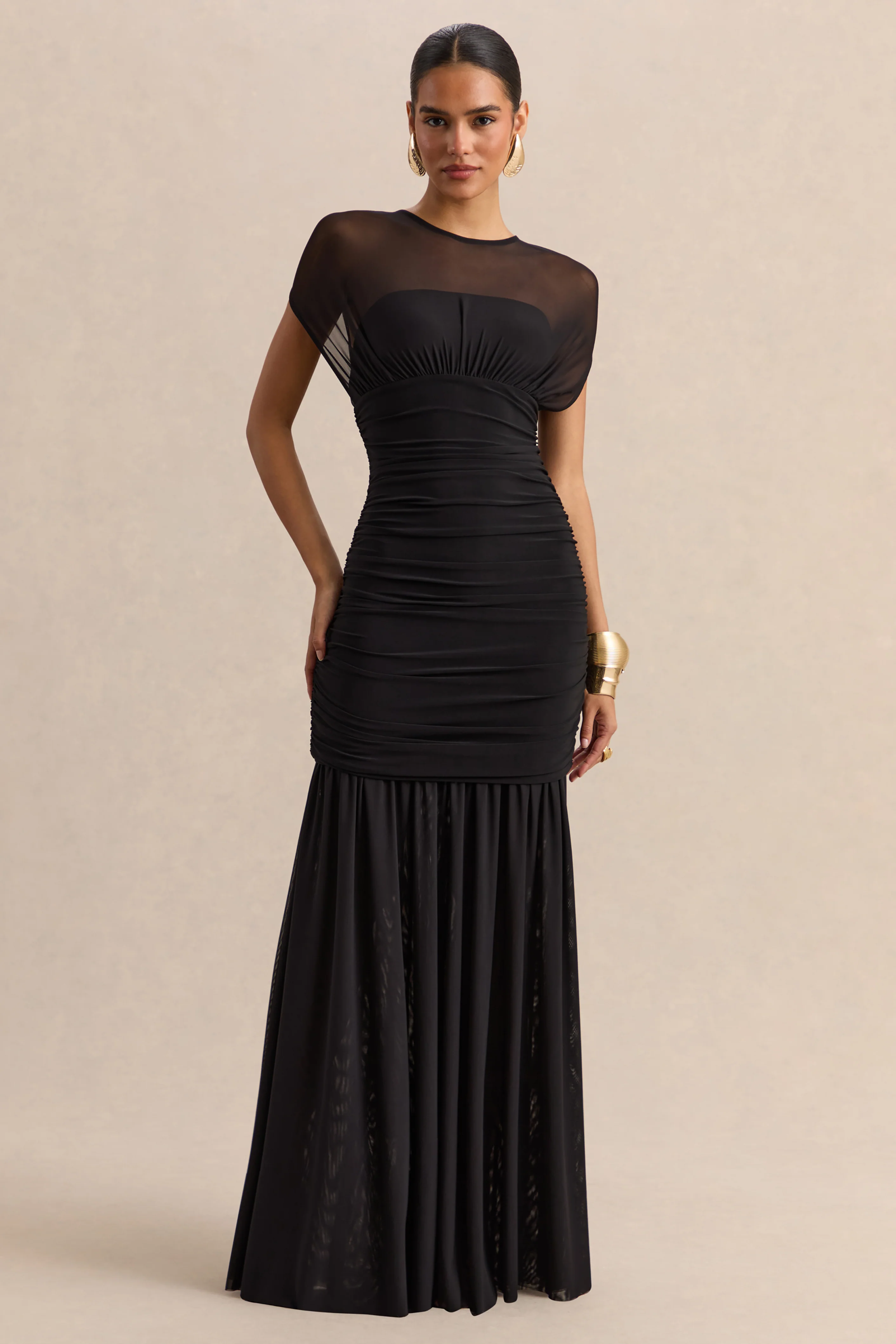 Kalene | Zwarte Boot Hals Maxi Jurk met Doorschijnende Details