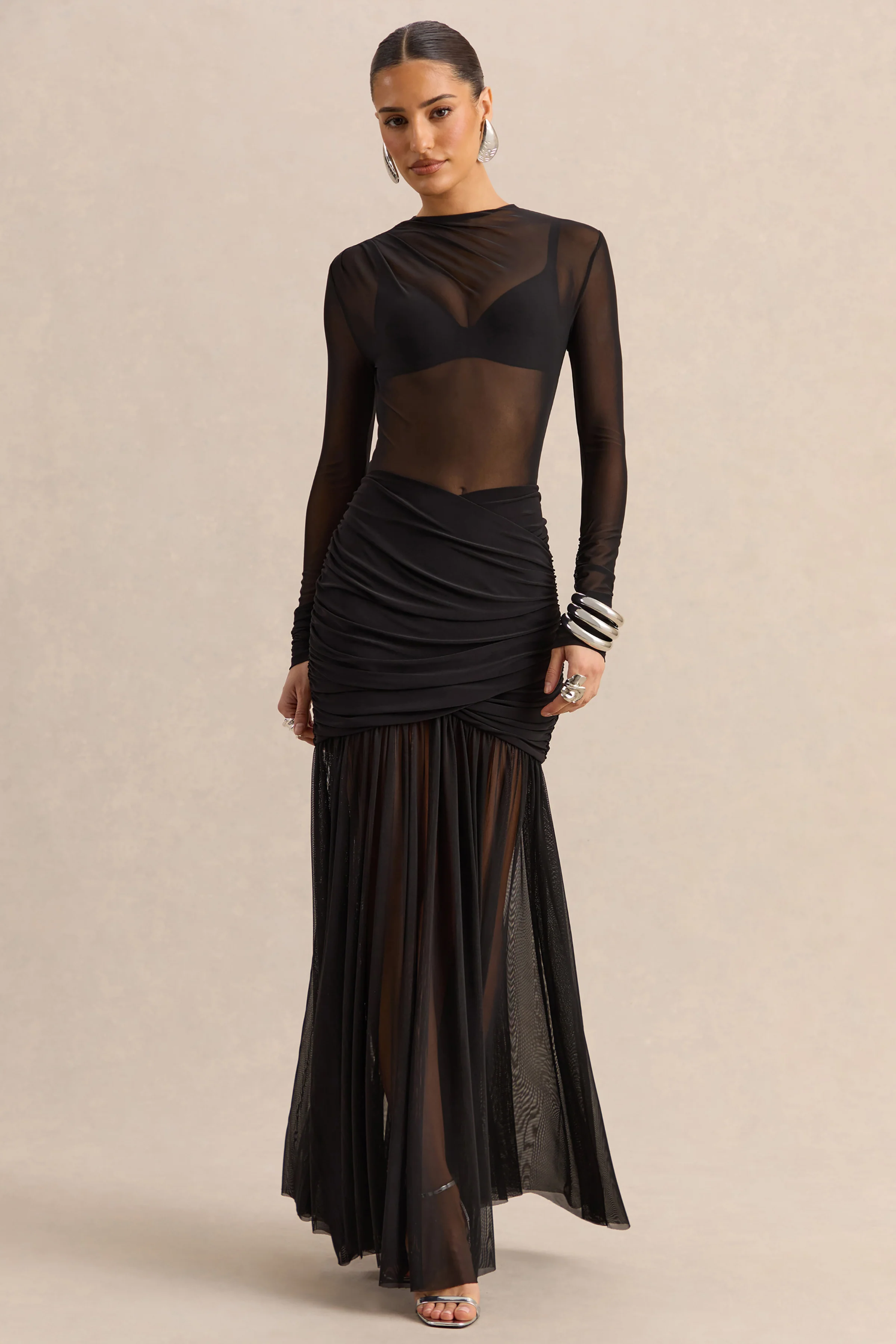Kallie | Zwarte Mesh Maxi Rok Met Gedraaid Taille Detail