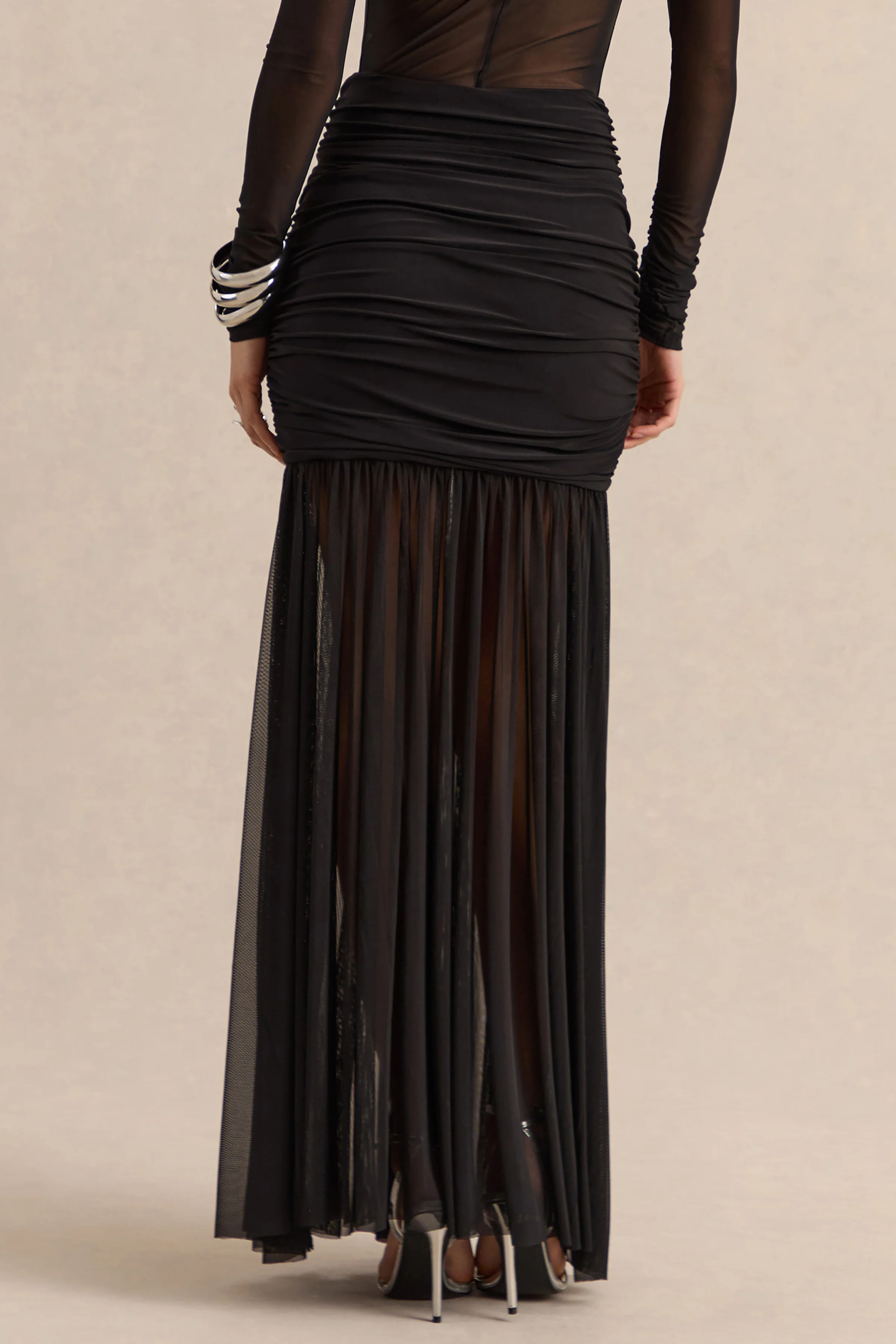 Kallie | Zwarte Mesh Maxi Rok Met Gedraaid Taille Detail - Image 2