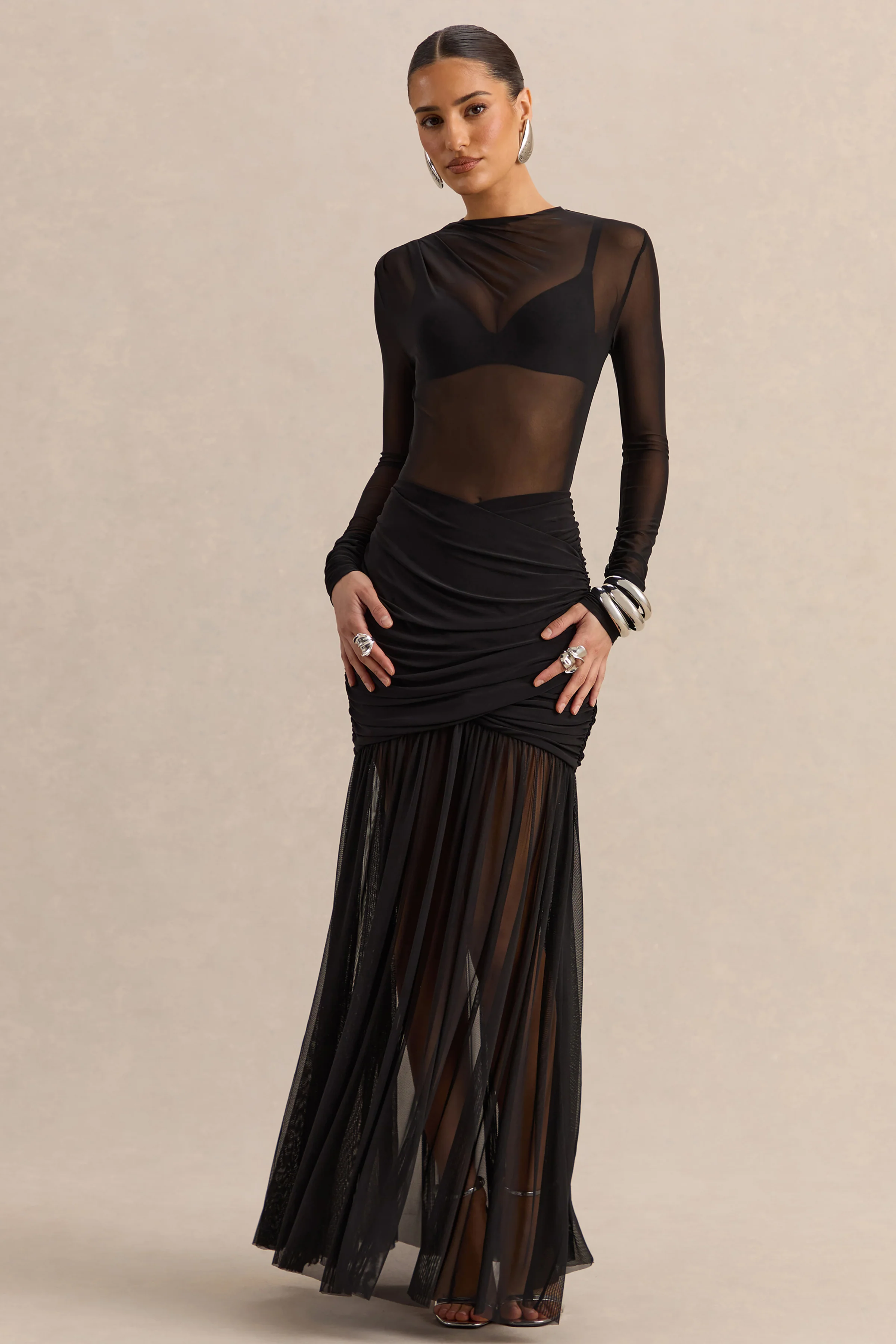 Kallie | Zwarte Mesh Maxi Rok Met Gedraaid Taille Detail - Image 4