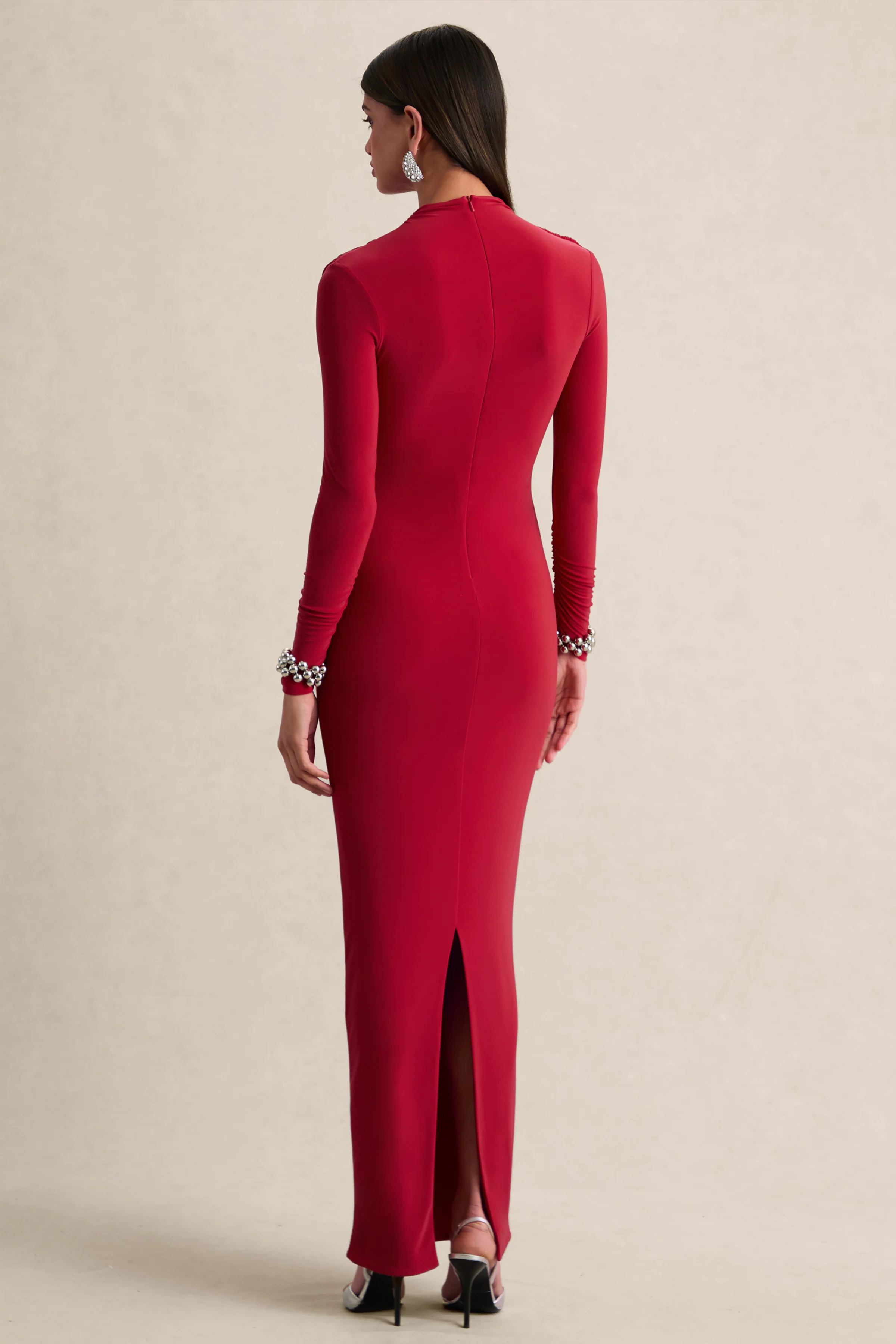 Karinthia | Rode Maxi Jurk met Hoge Hals en Draperende Details - Image 2