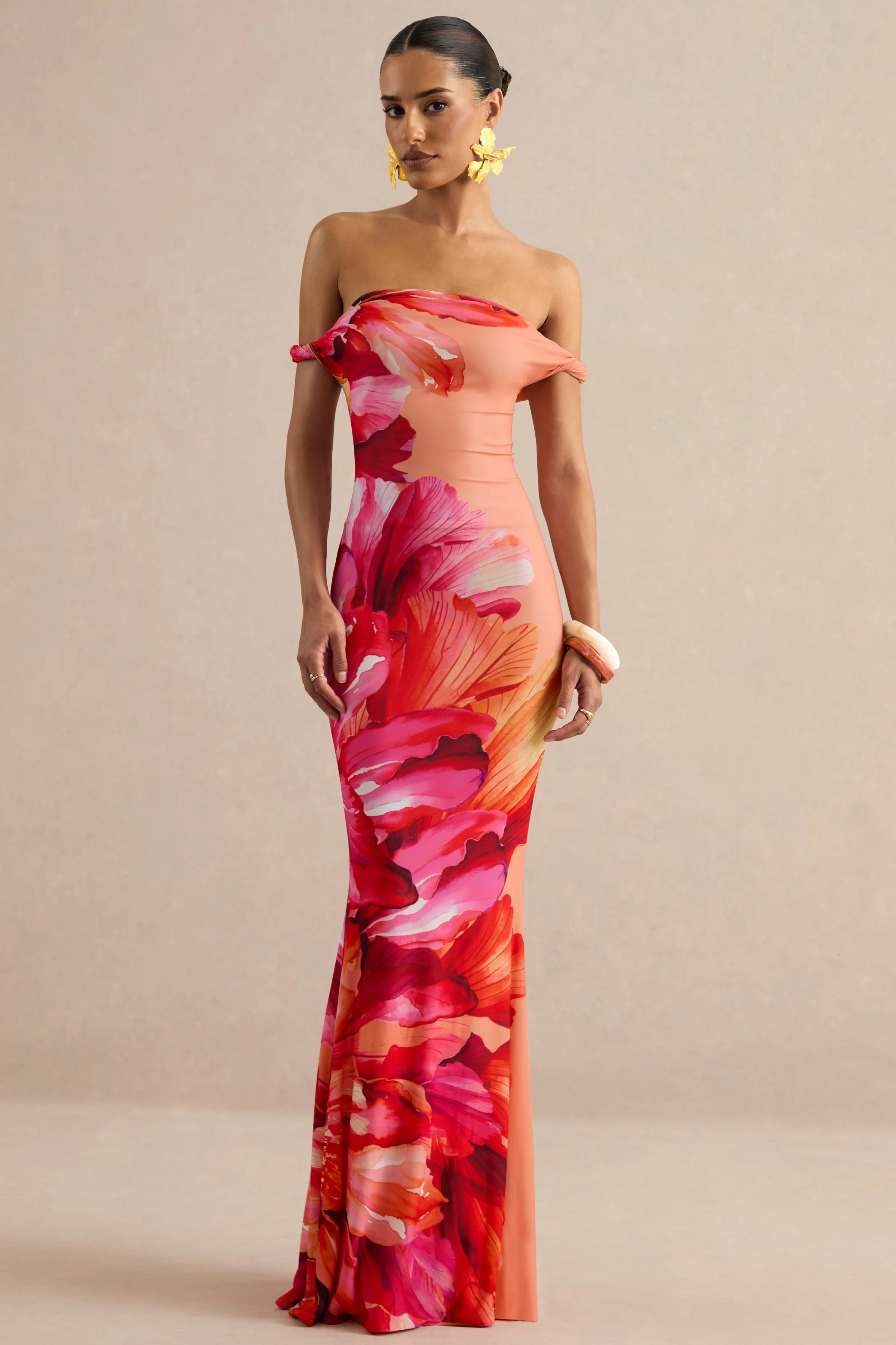 Katia | Felroze Placement Bloemenprint Bardot-Hals Maxi Jurk