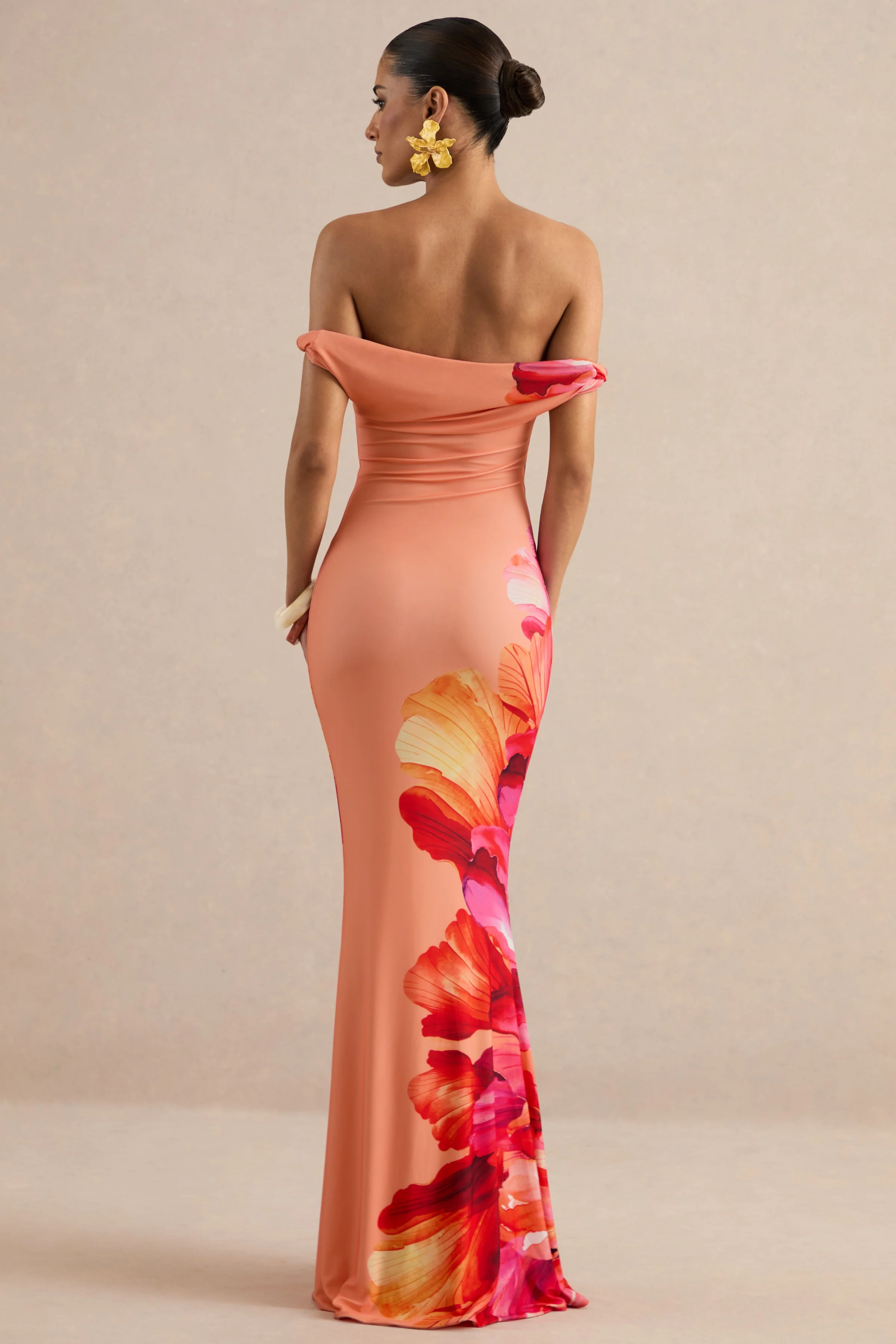 Katia | Felroze Placement Bloemenprint Bardot-Hals Maxi Jurk - Image 2