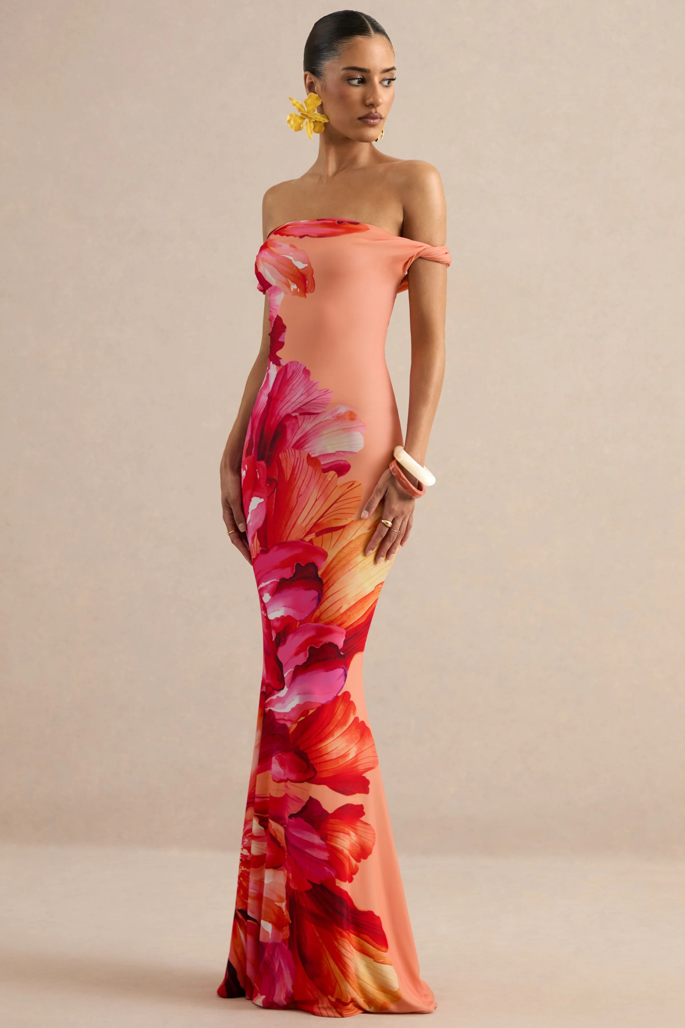 Katia | Felroze Placement Bloemenprint Bardot-Hals Maxi Jurk - Image 4