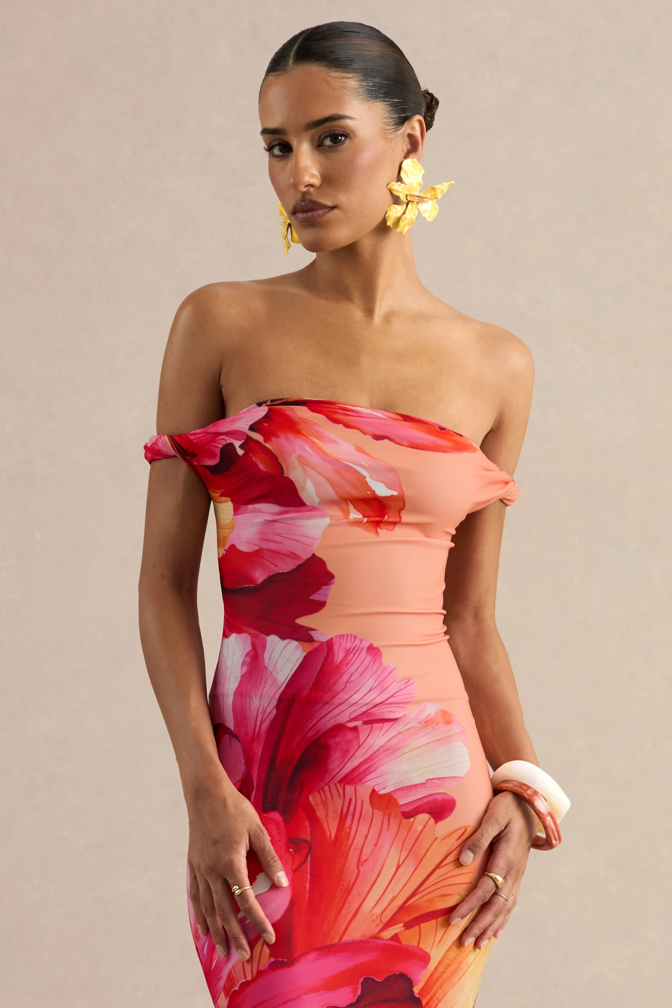 Katia | Felroze Placement Bloemenprint Bardot-Hals Maxi Jurk - Image 5