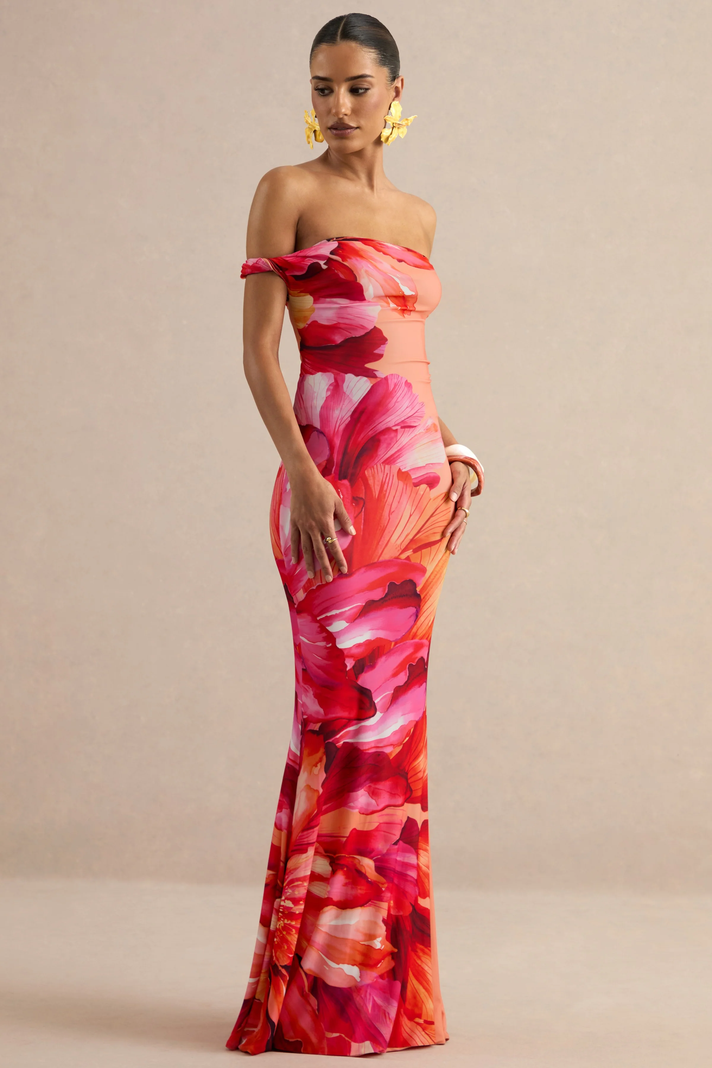 Katia | Felroze Placement Bloemenprint Bardot-Hals Maxi Jurk - Image 6