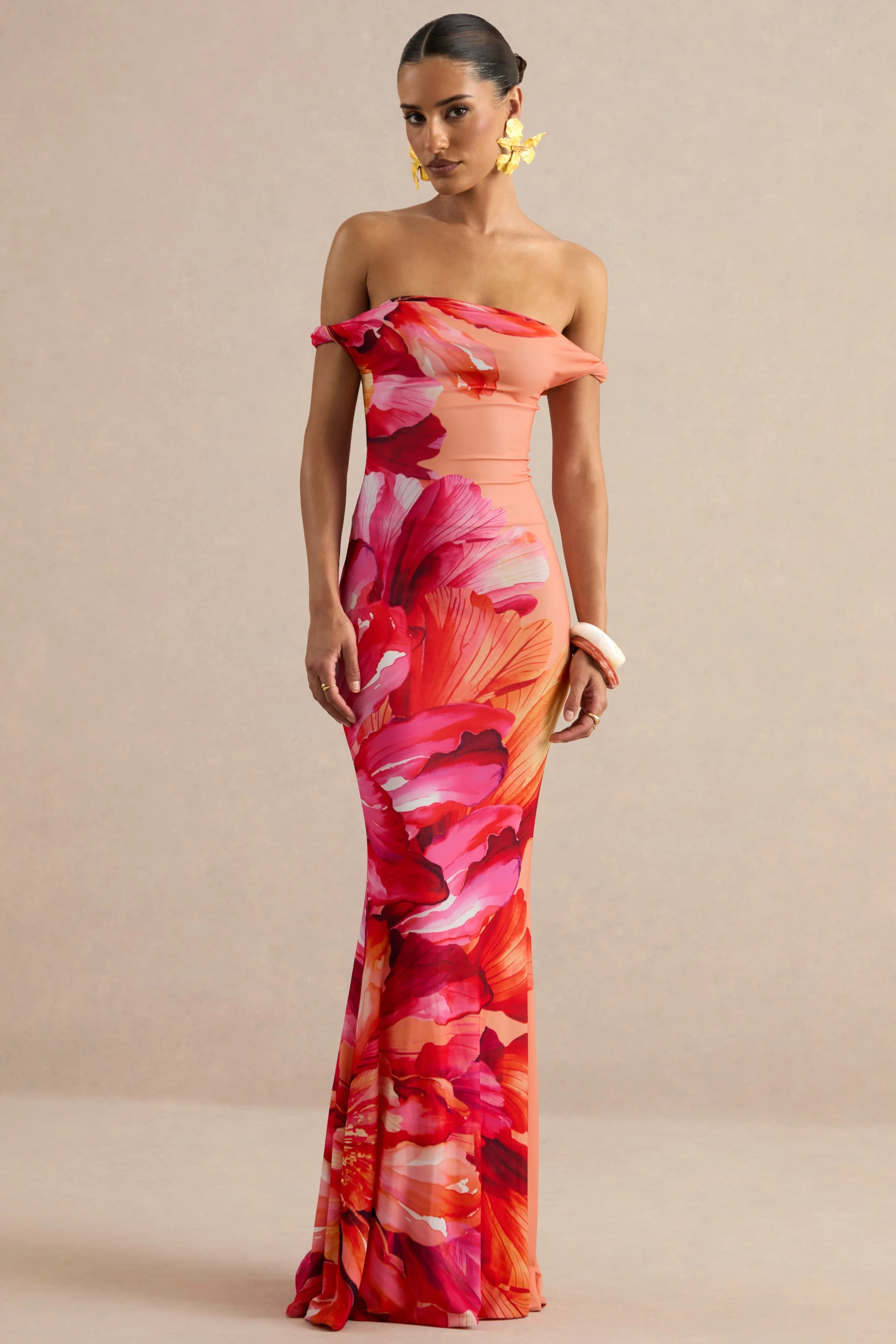 Katia | Felroze Placement Bloemenprint Bardot-Hals Maxi Jurk - Image 7