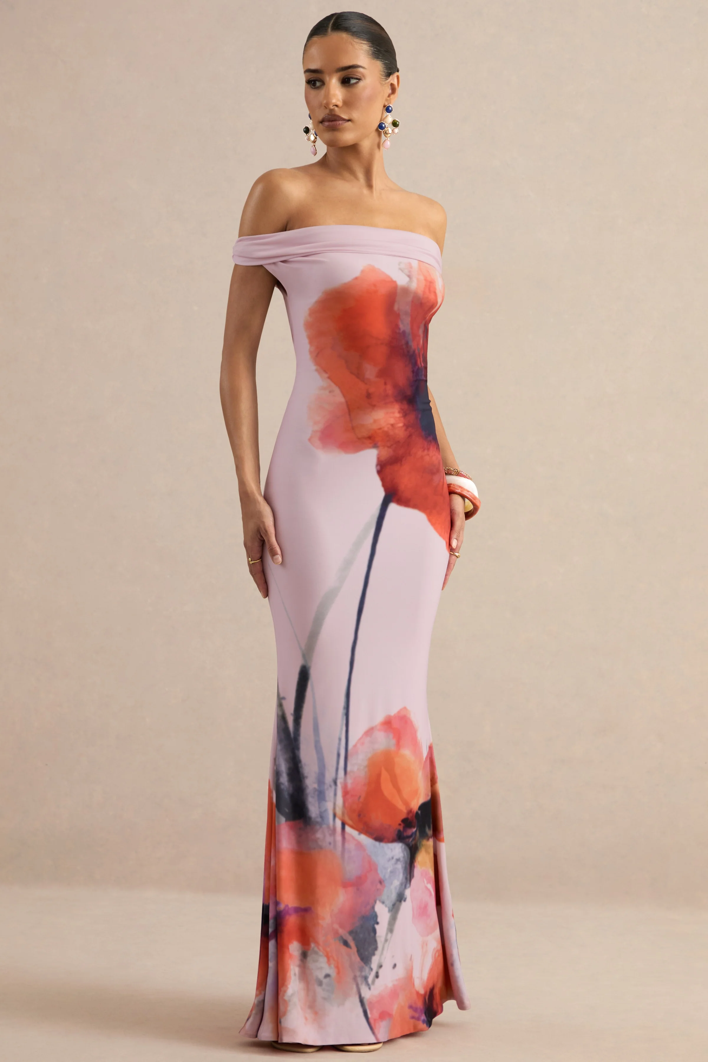 Katia | Roze Klaproosprint Bardot-Hals Maxi Jurk - Image 6