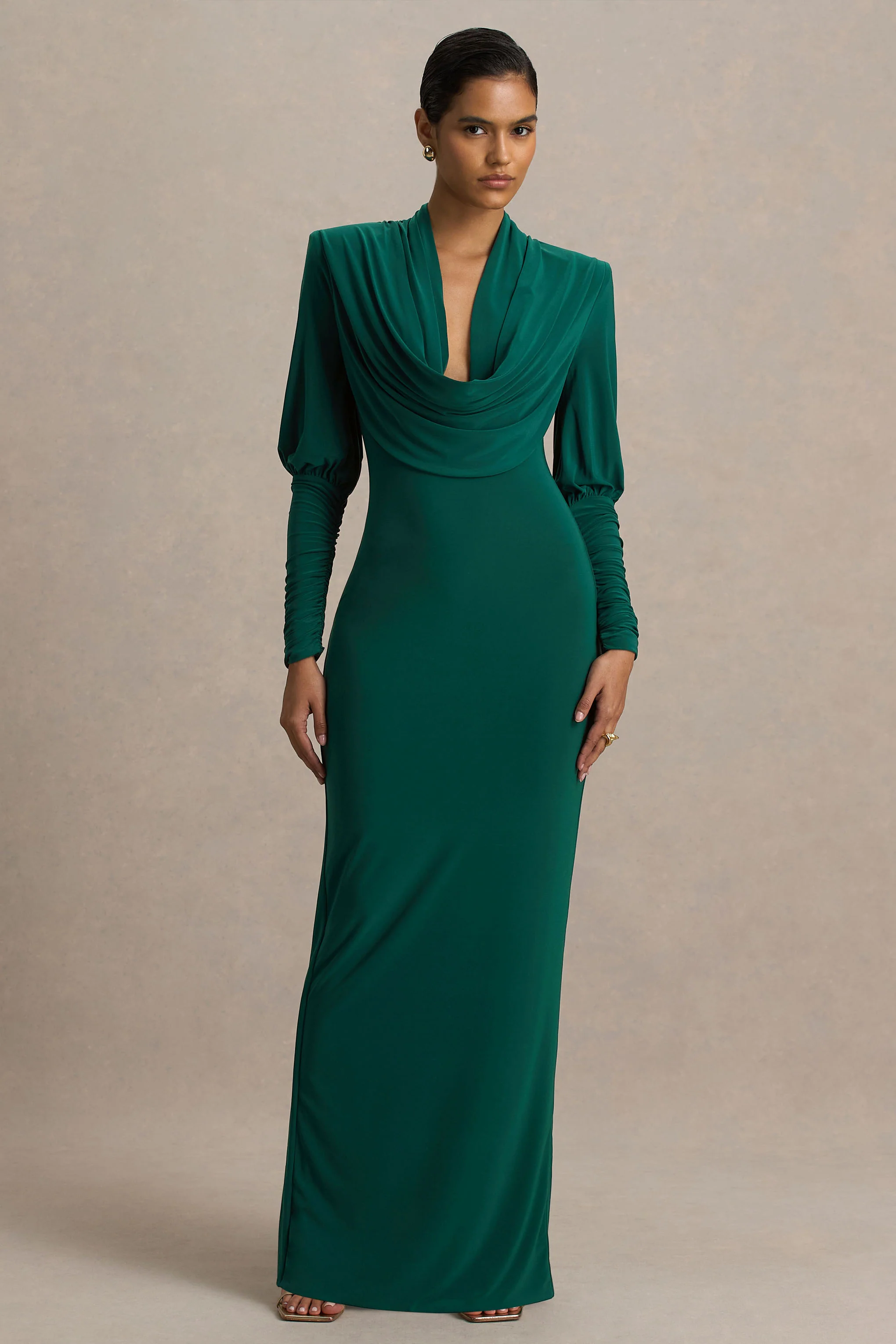 Kaylee | Flessengroene Cowl Hals Maxi Jurk Met Draperend Details