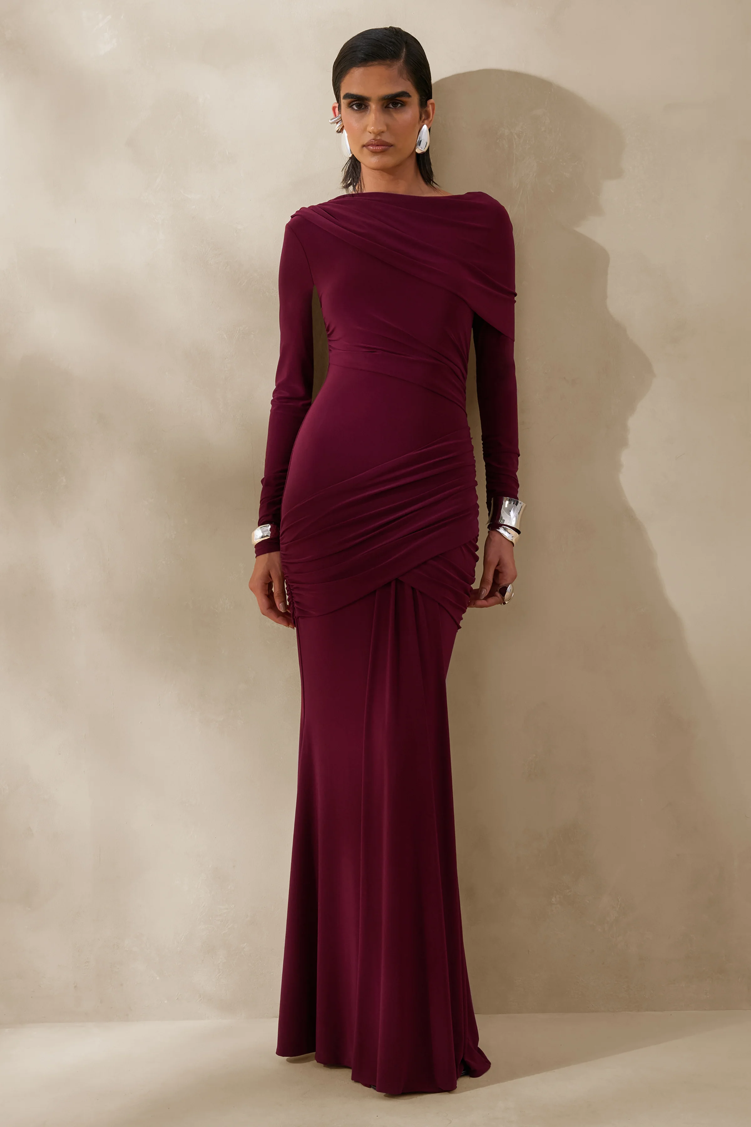 Kessara | Bessenrode Asymmetrische Hals Maxi Jurk met Ceintuur en Gerimpelde Details - Image 4
