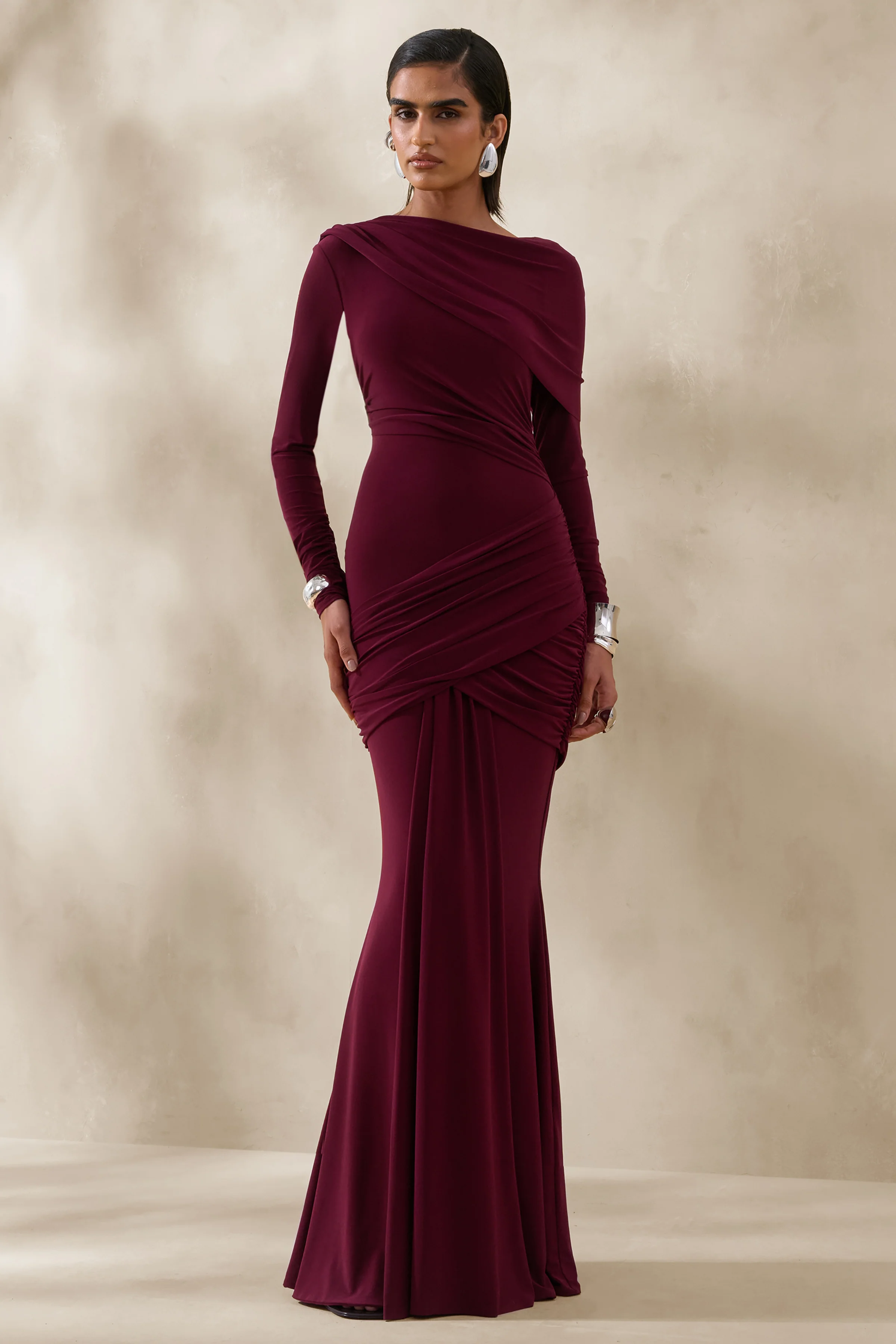 Kessara | Bessenrode Asymmetrische Hals Maxi Jurk met Ceintuur en Gerimpelde Details - Image 5