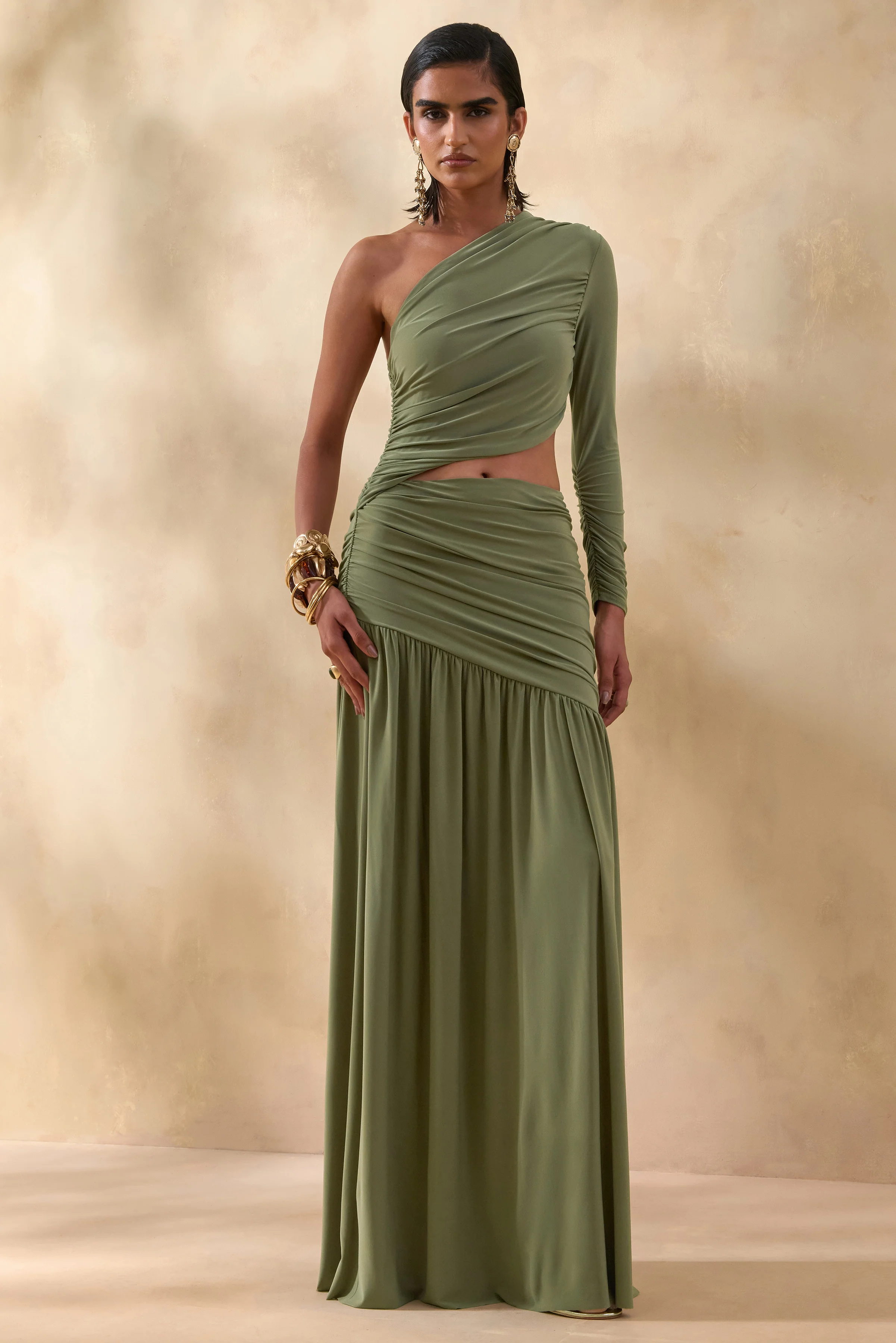 Kinsley | Olijfgroene Asymmetrische Hals Maxi Jurk met Uitsnijding Detail - Image 6