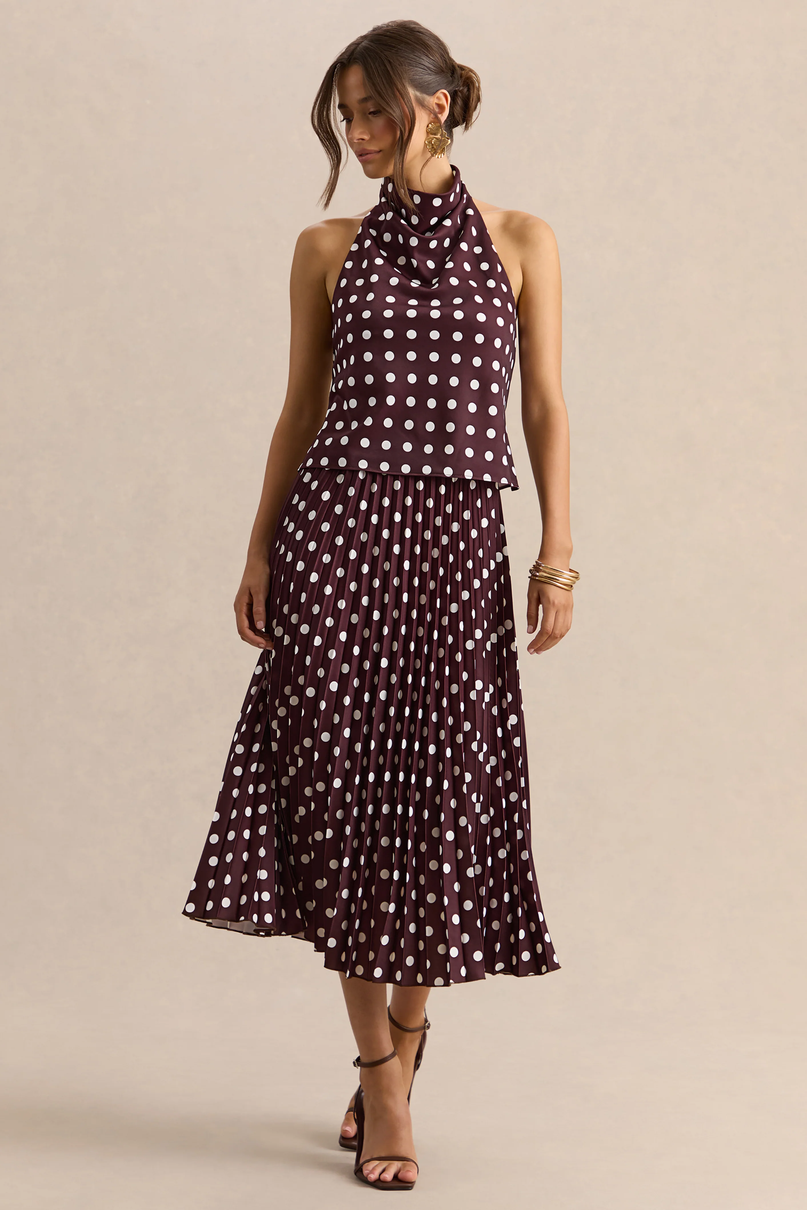 Kiora | Bruine Stippen Print Satijnen Midi Rok - Image 3