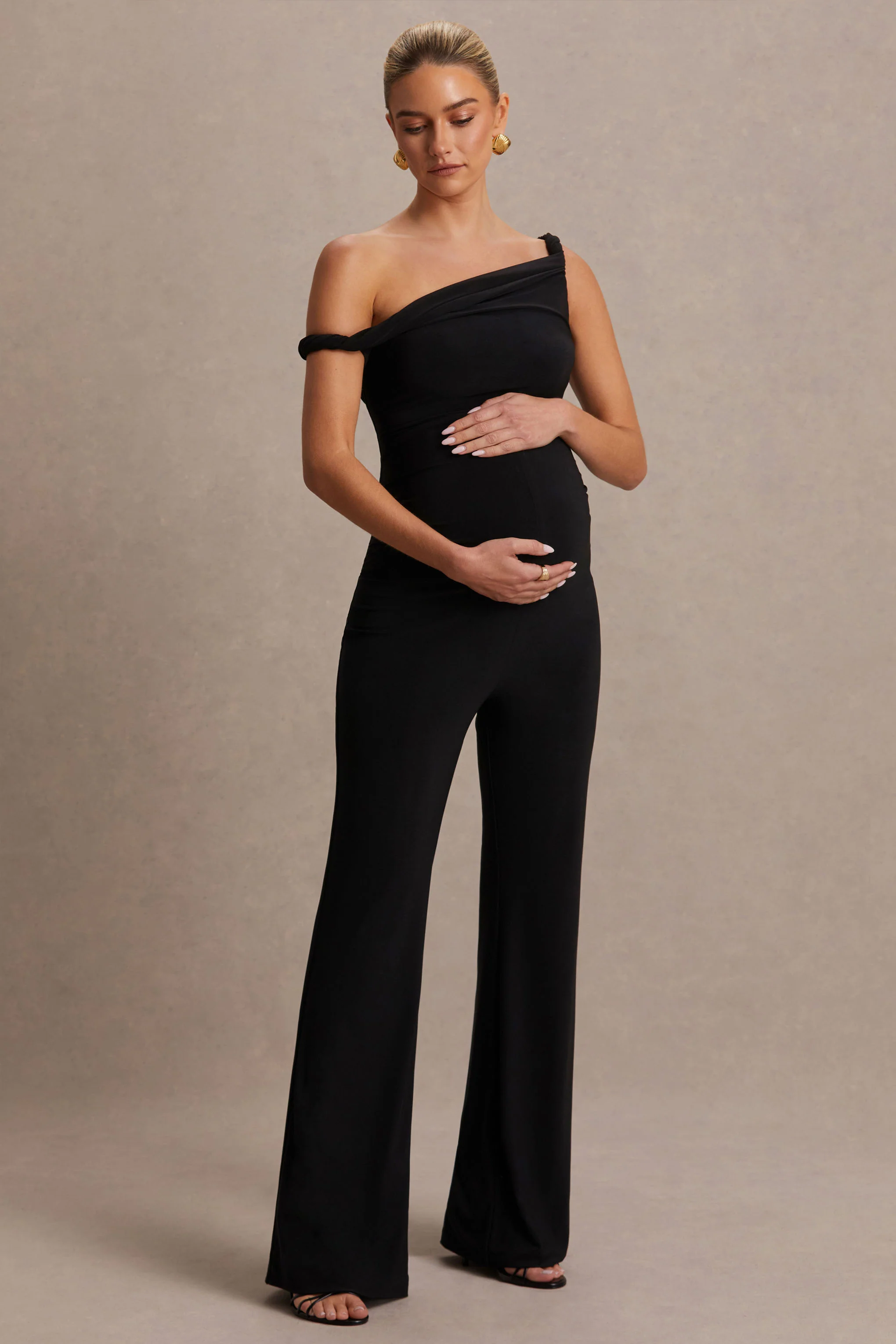 Kira | Zwarte Asymmetrische Hals Zwangerschaps Jumpsuit