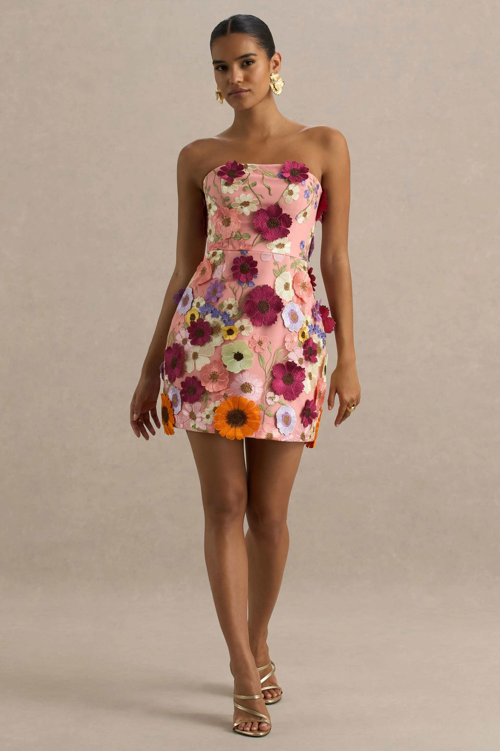 Kristen | Roze Bloemen Bandeau‑Nek Mini Jurk - Image 2