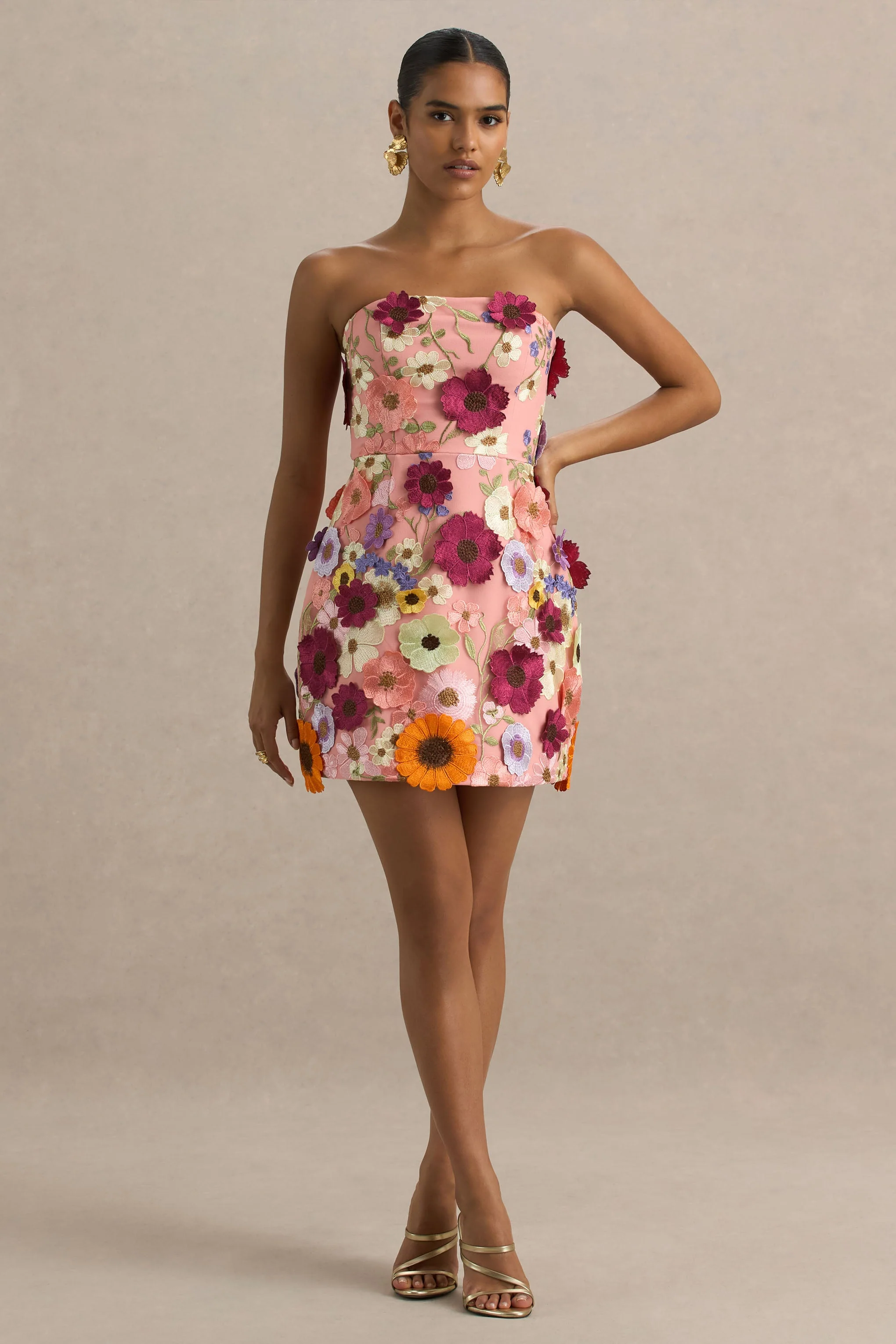 Kristen | Roze Bloemen Bandeau‑Nek Mini Jurk - Image 5