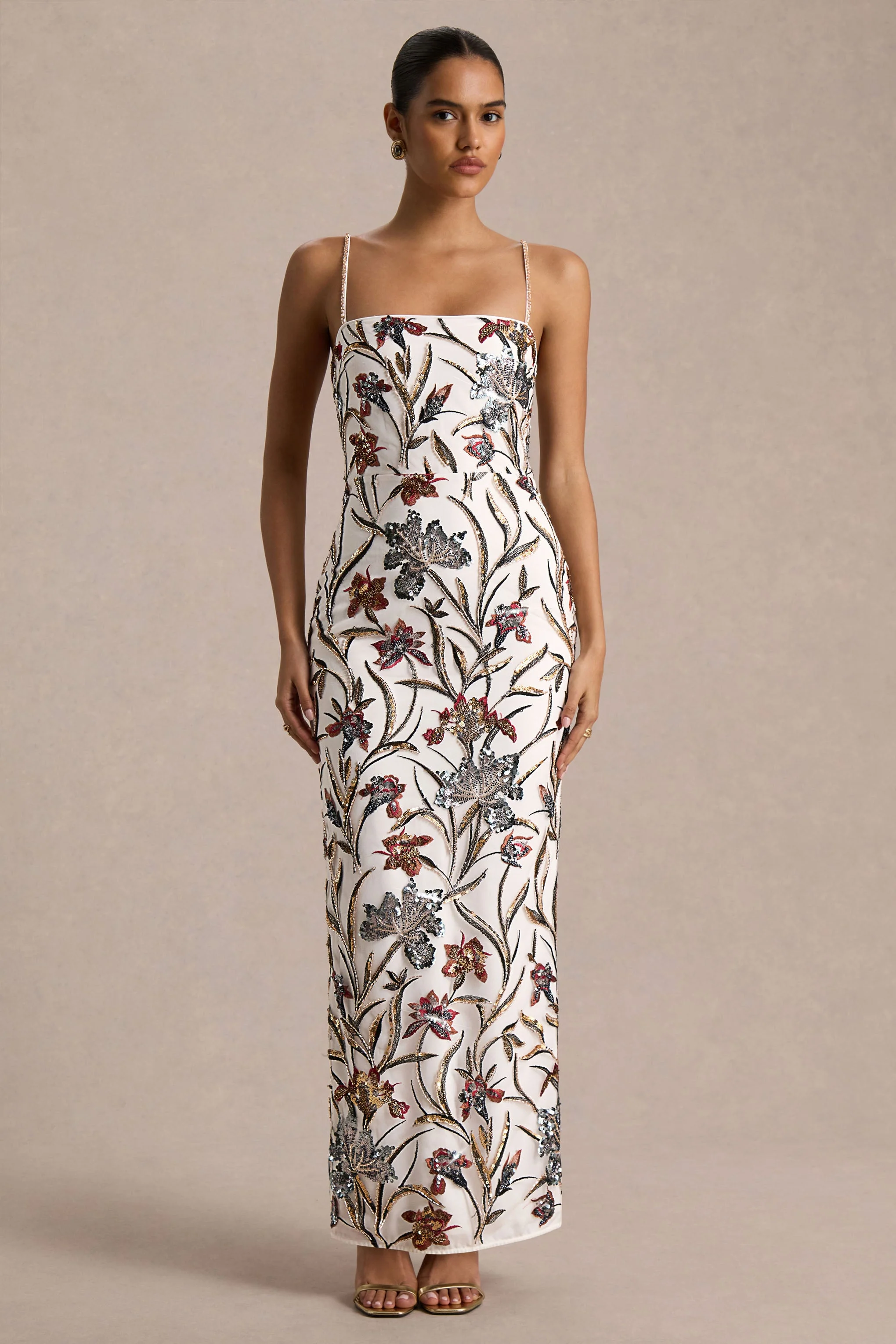 Kyle | Crème Pailletten Bloemen Versierde Maxi Jurk Met  Vierkante Hals - Image 3