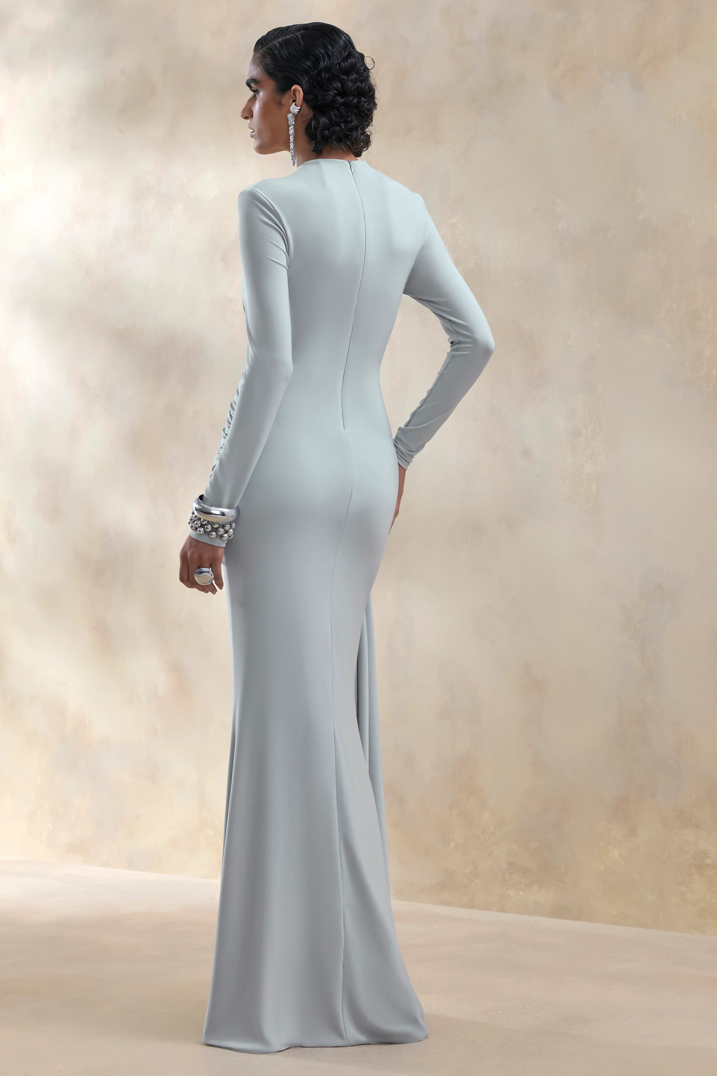 Kyrissa | Blauwe Hoge Hals Maxi Jurk met Gerimpelde Details - Image 2