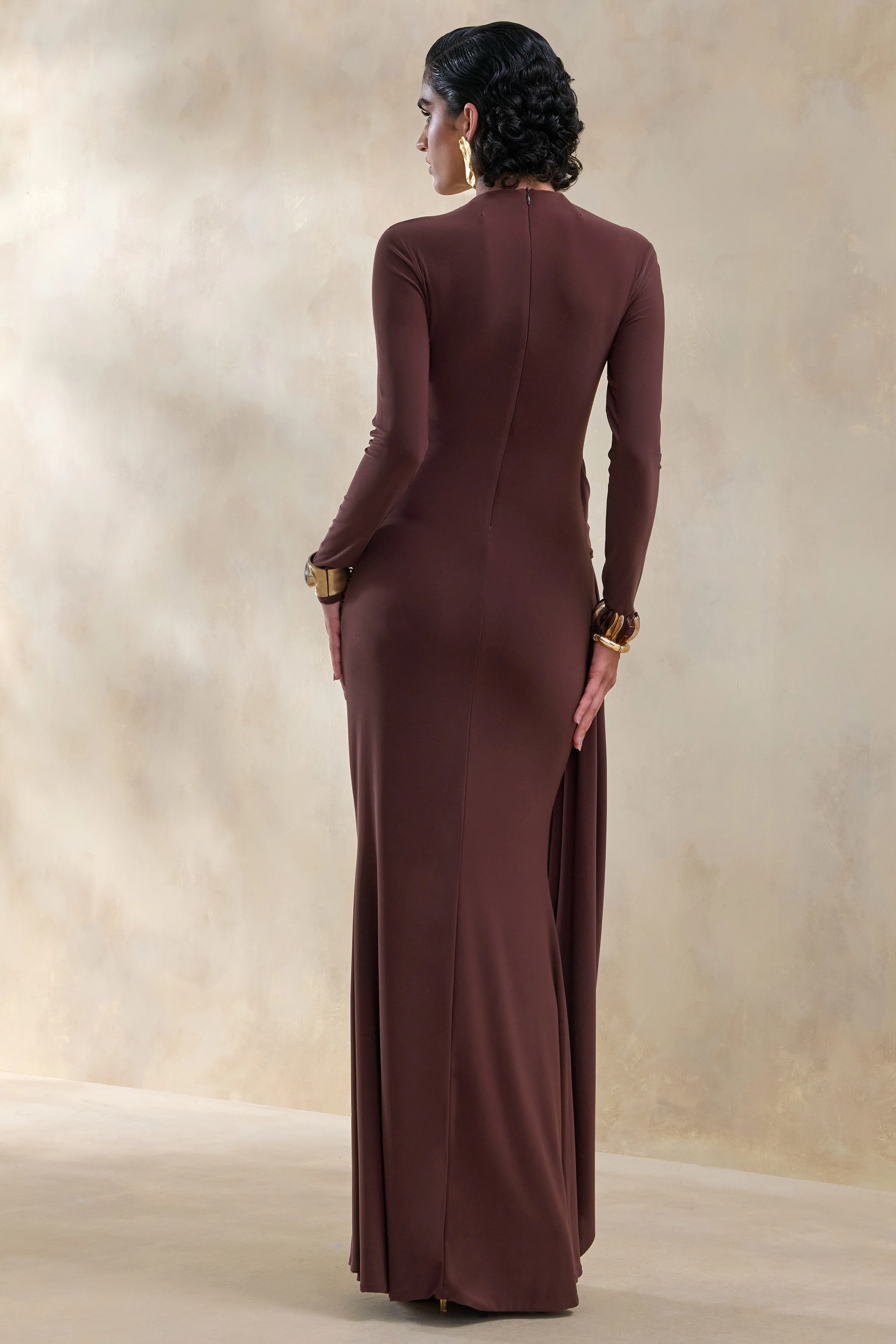 Kyrissa | Bruine Hoge Hals Maxi Jurk met Gerimpelde Details - Image 2