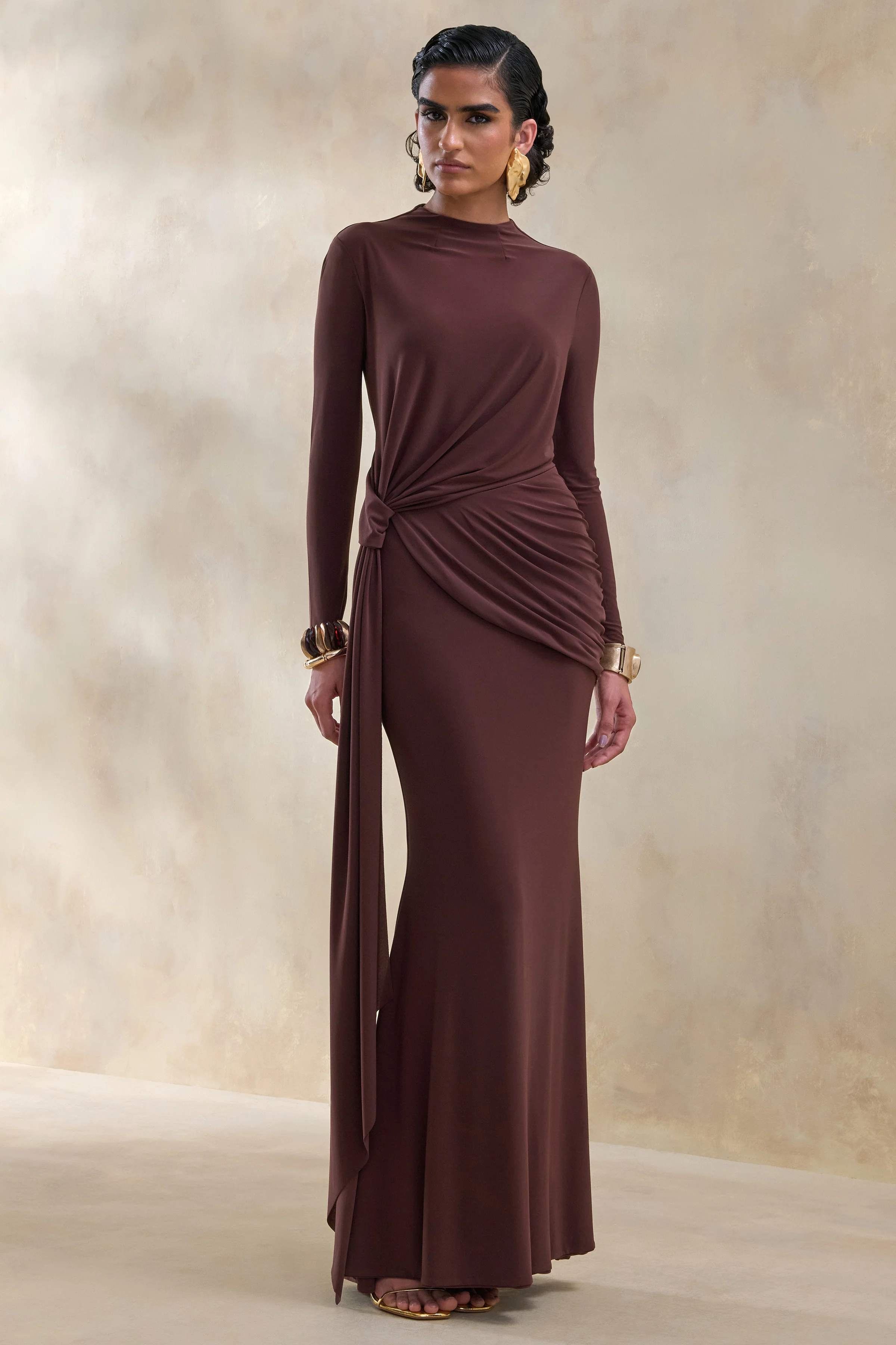 Kyrissa | Bruine Hoge Hals Maxi Jurk met Gerimpelde Details - Image 5