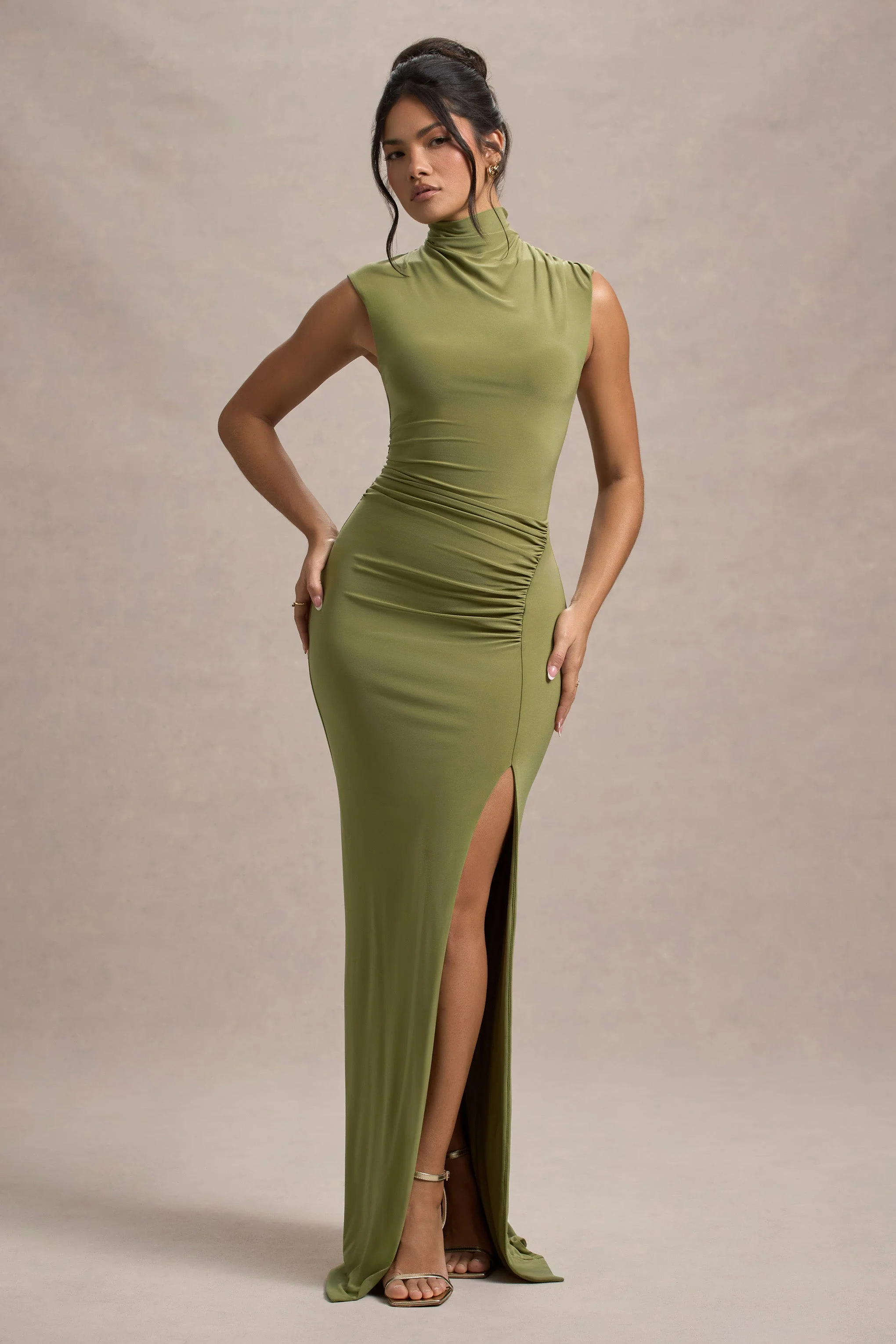 Lanetta | Olijfgroene Hoge Hals Maxi Jurk Met Split