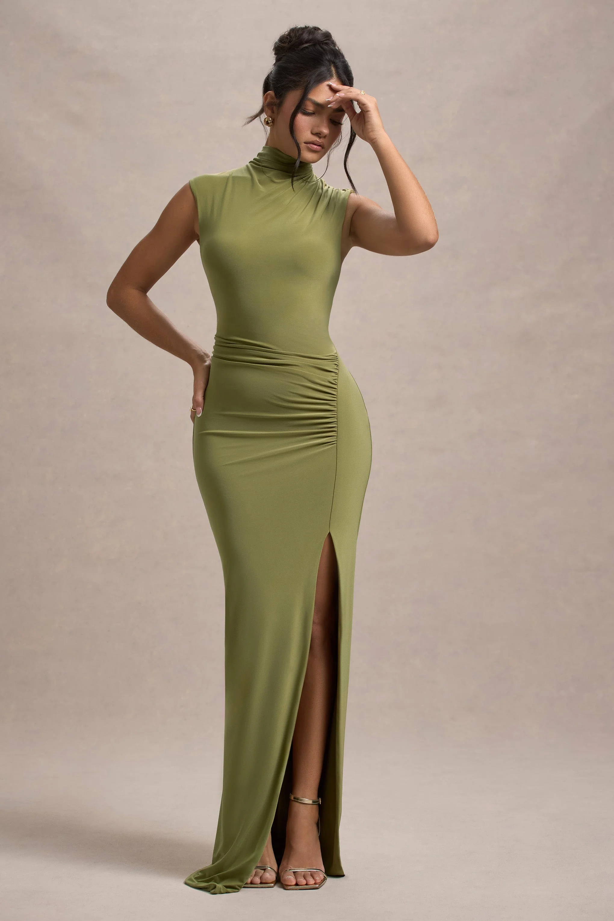 Lanetta | Olijfgroene Hoge Hals Maxi Jurk Met Split - Image 7