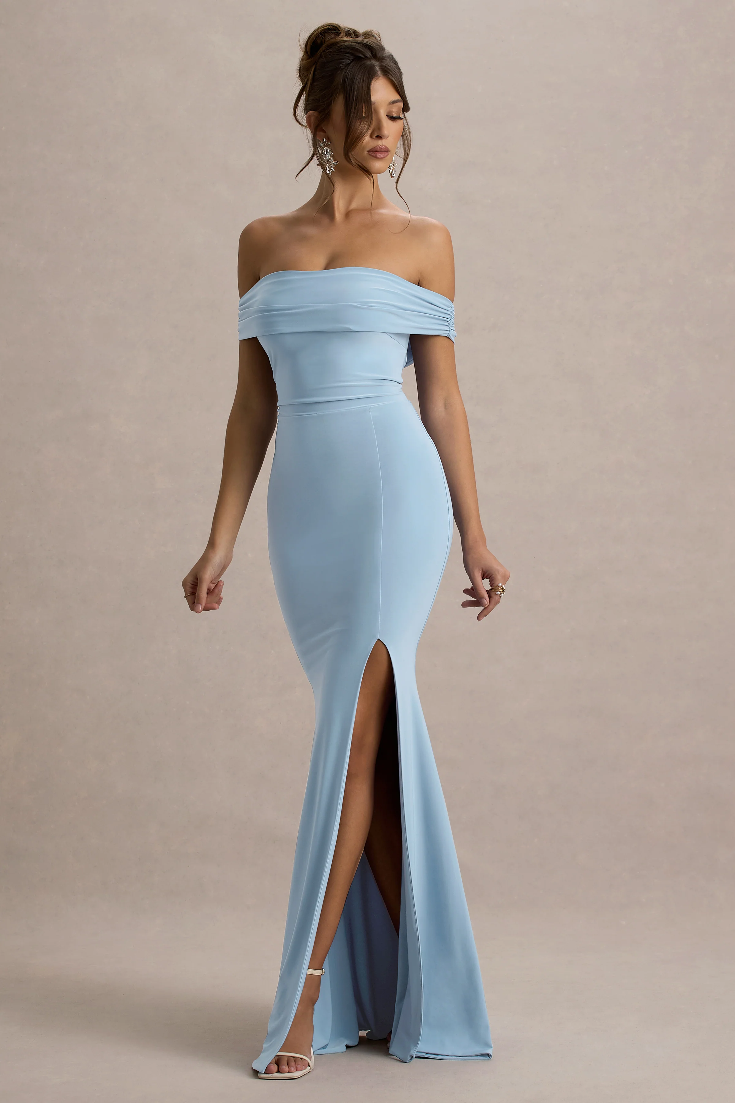 Law of Attraction | Poederblauwe Bardot Draperend Split Maxi Jurk