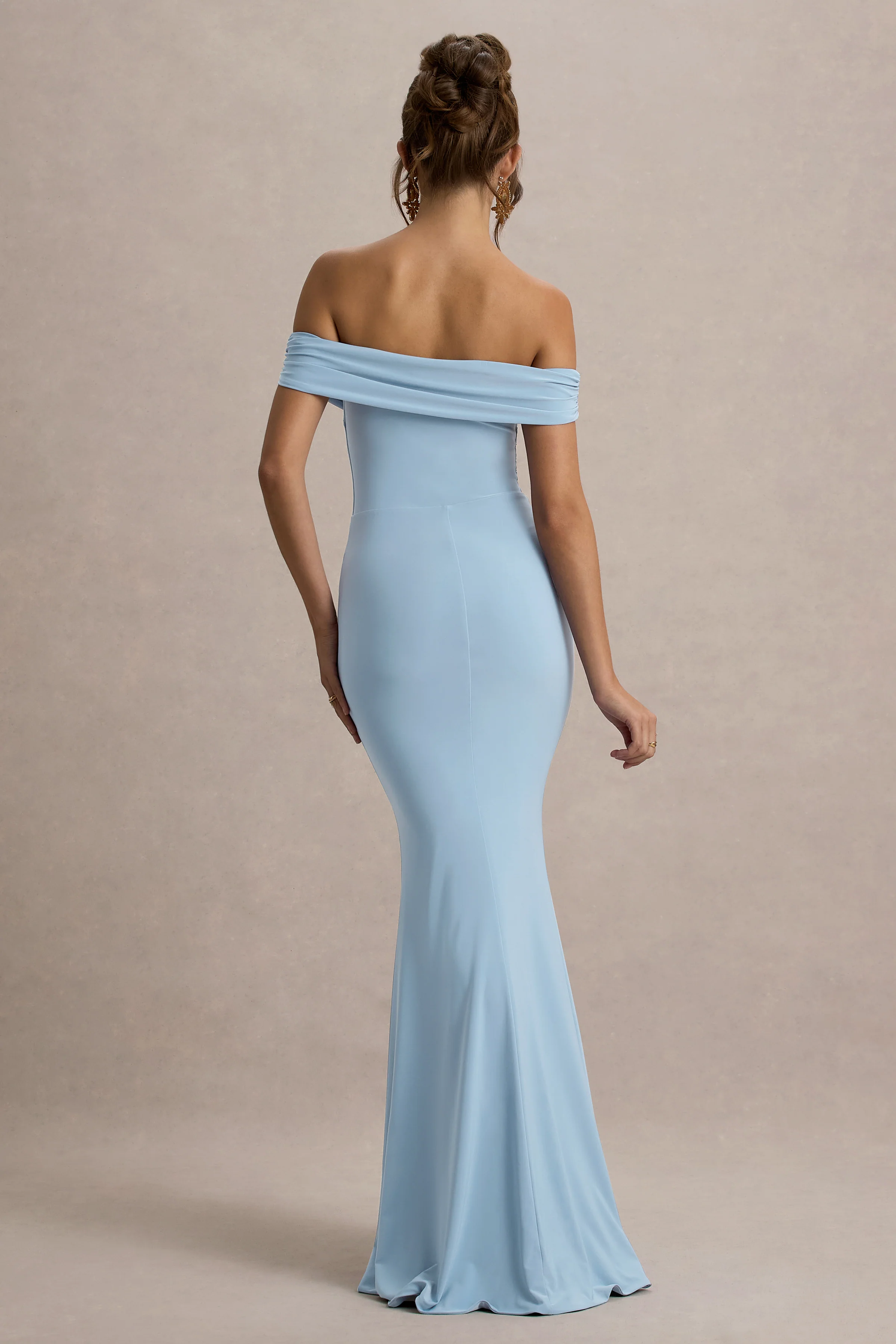 Law of Attraction | Poederblauwe Bardot Draperend Split Maxi Jurk - Image 2
