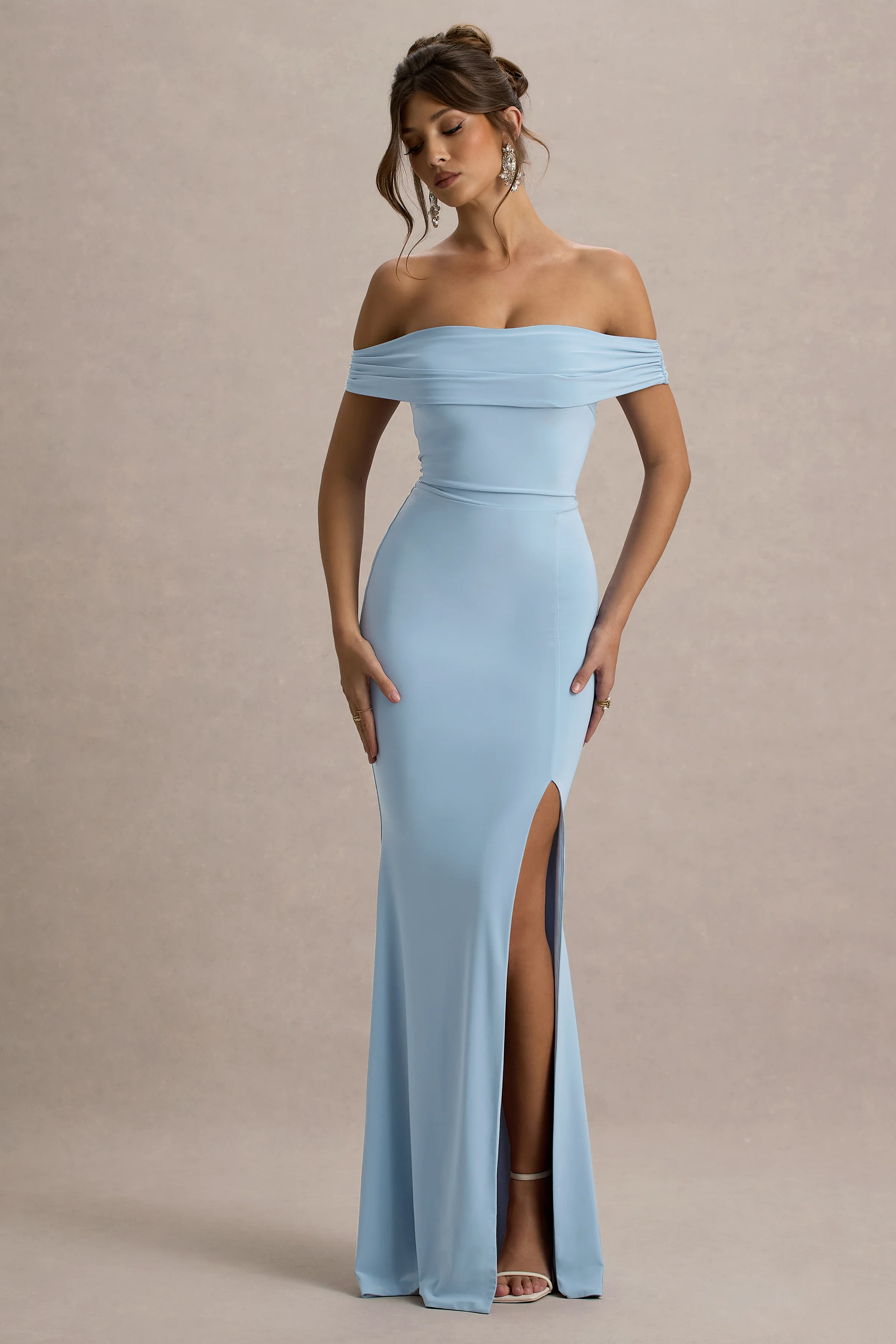 Law of Attraction | Poederblauwe Bardot Draperend Split Maxi Jurk - Image 4
