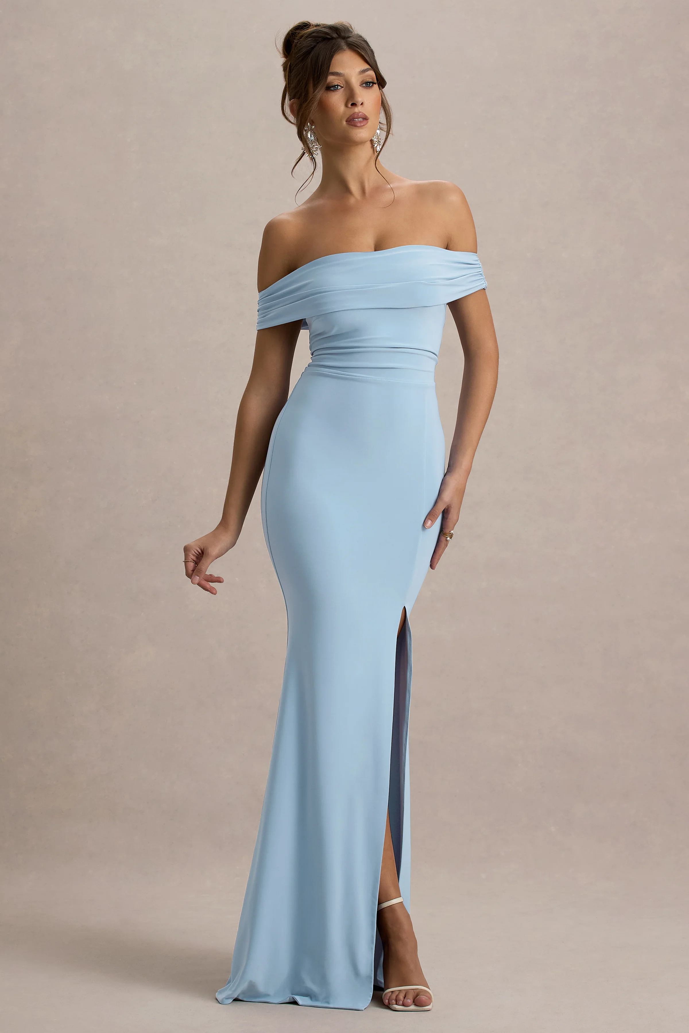 Law of Attraction | Poederblauwe Bardot Draperend Split Maxi Jurk - Image 5