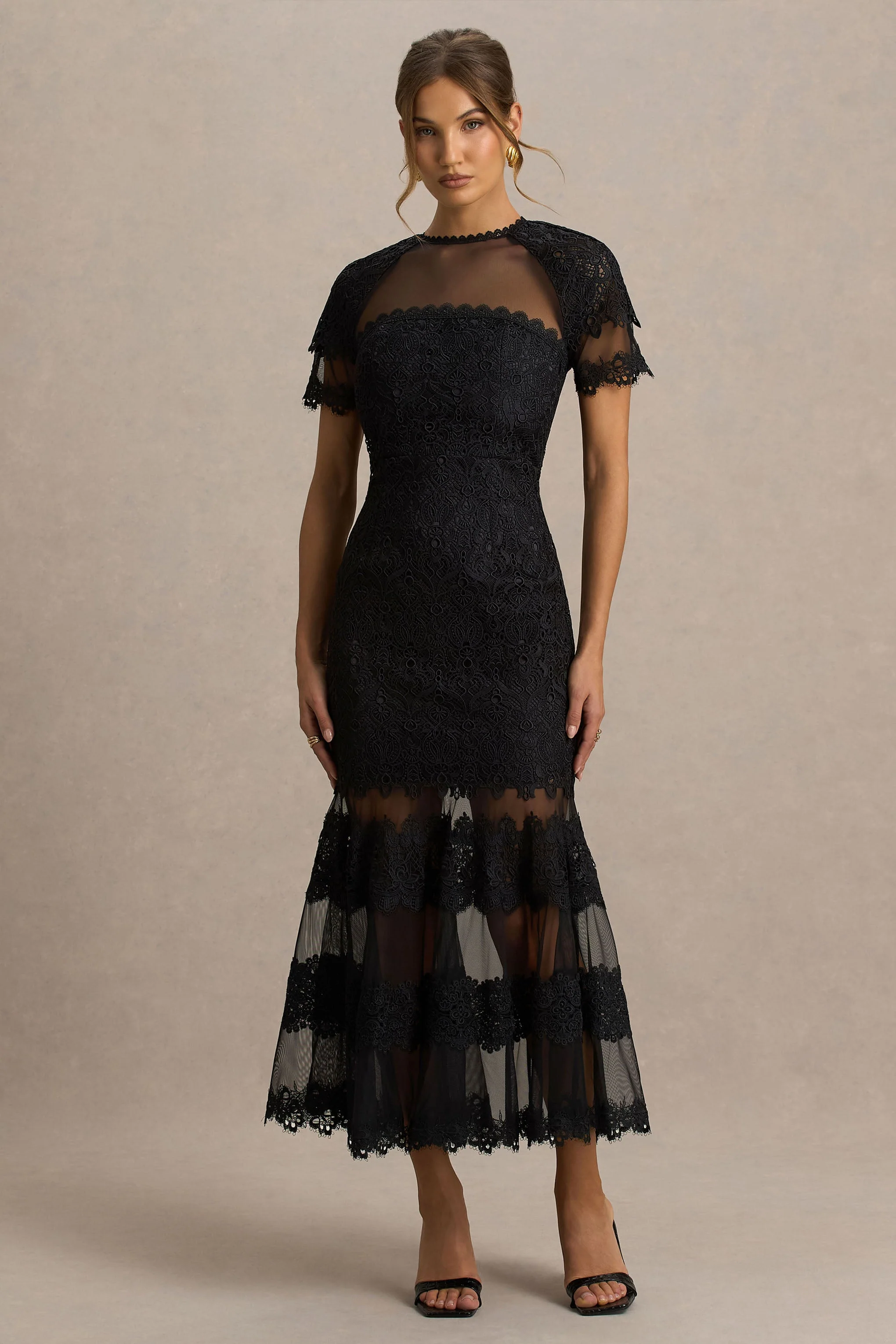 Leanne | Zwarte Mesh En Kant Ronde Hals Fishtail Midi Jurk