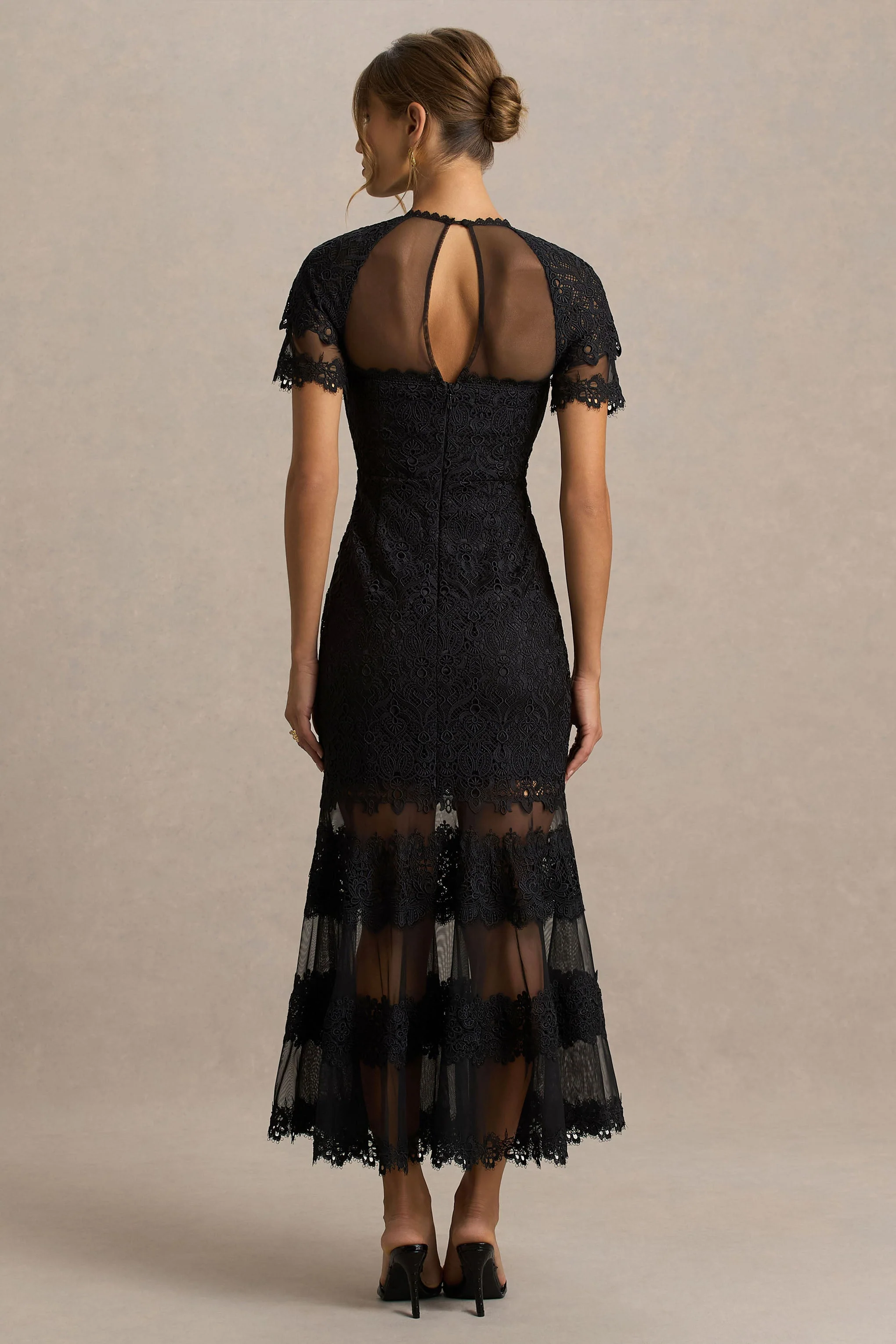 Leanne | Zwarte Mesh En Kant Ronde Hals Fishtail Midi Jurk - Image 2