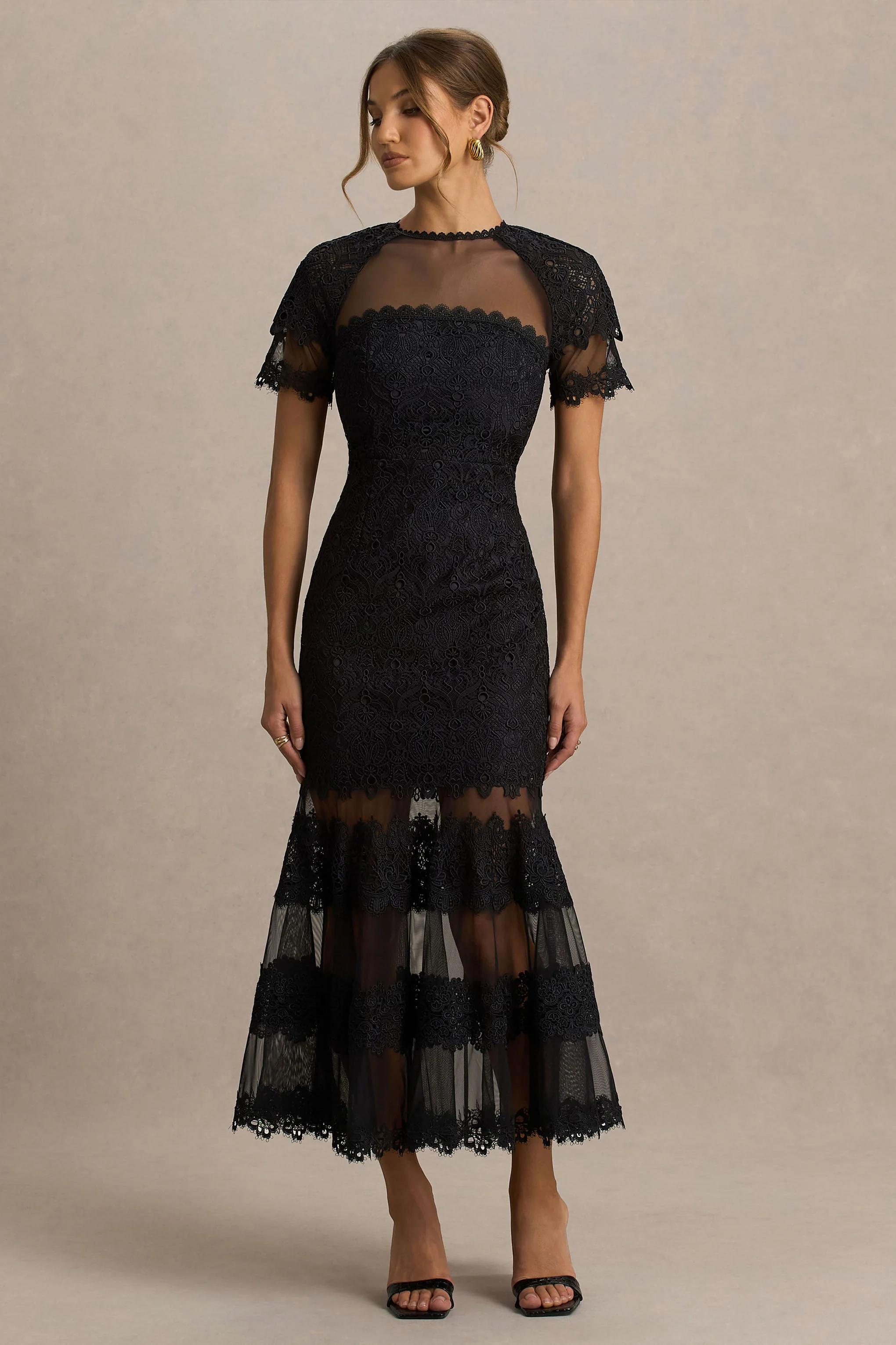 Leanne | Zwarte Mesh En Kant Ronde Hals Fishtail Midi Jurk - Image 4