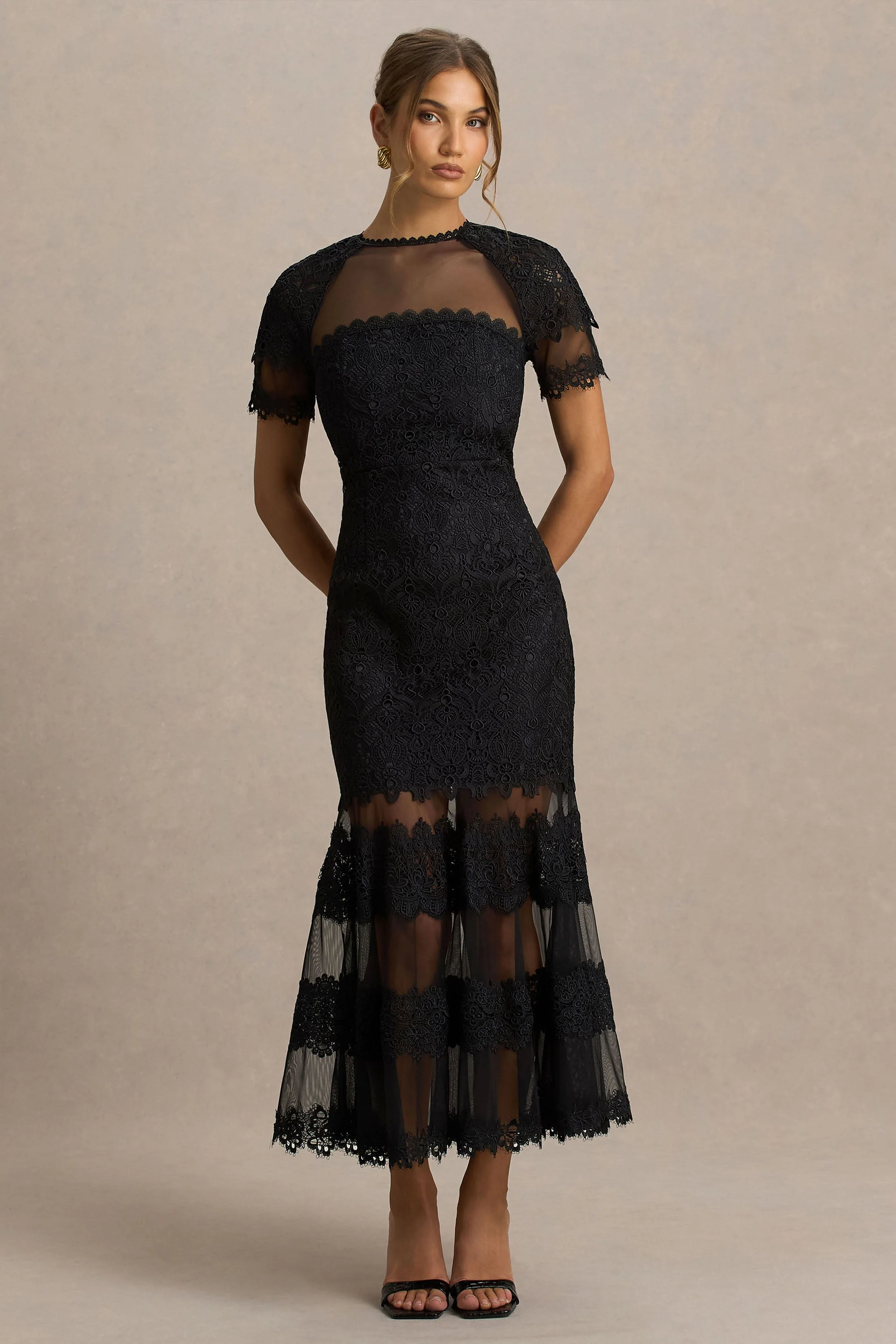 Leanne | Zwarte Mesh En Kant Ronde Hals Fishtail Midi Jurk - Image 5