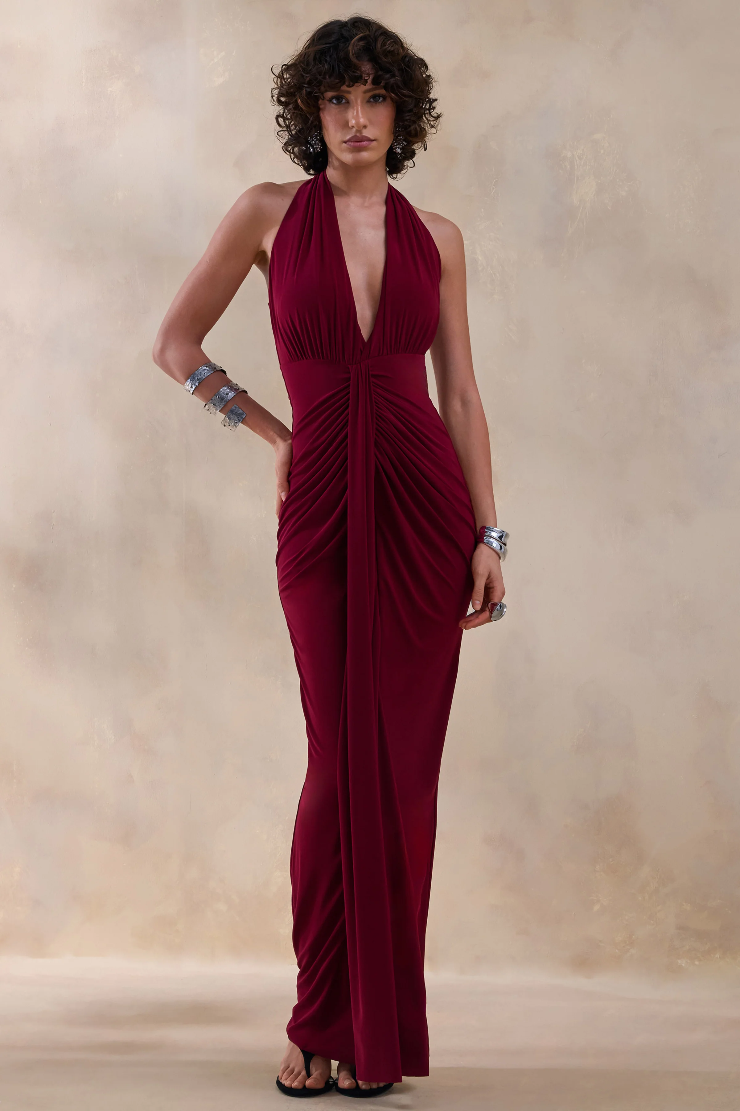 Lesley | Bordeaux Diepe V-Hals Maxi Jurk
