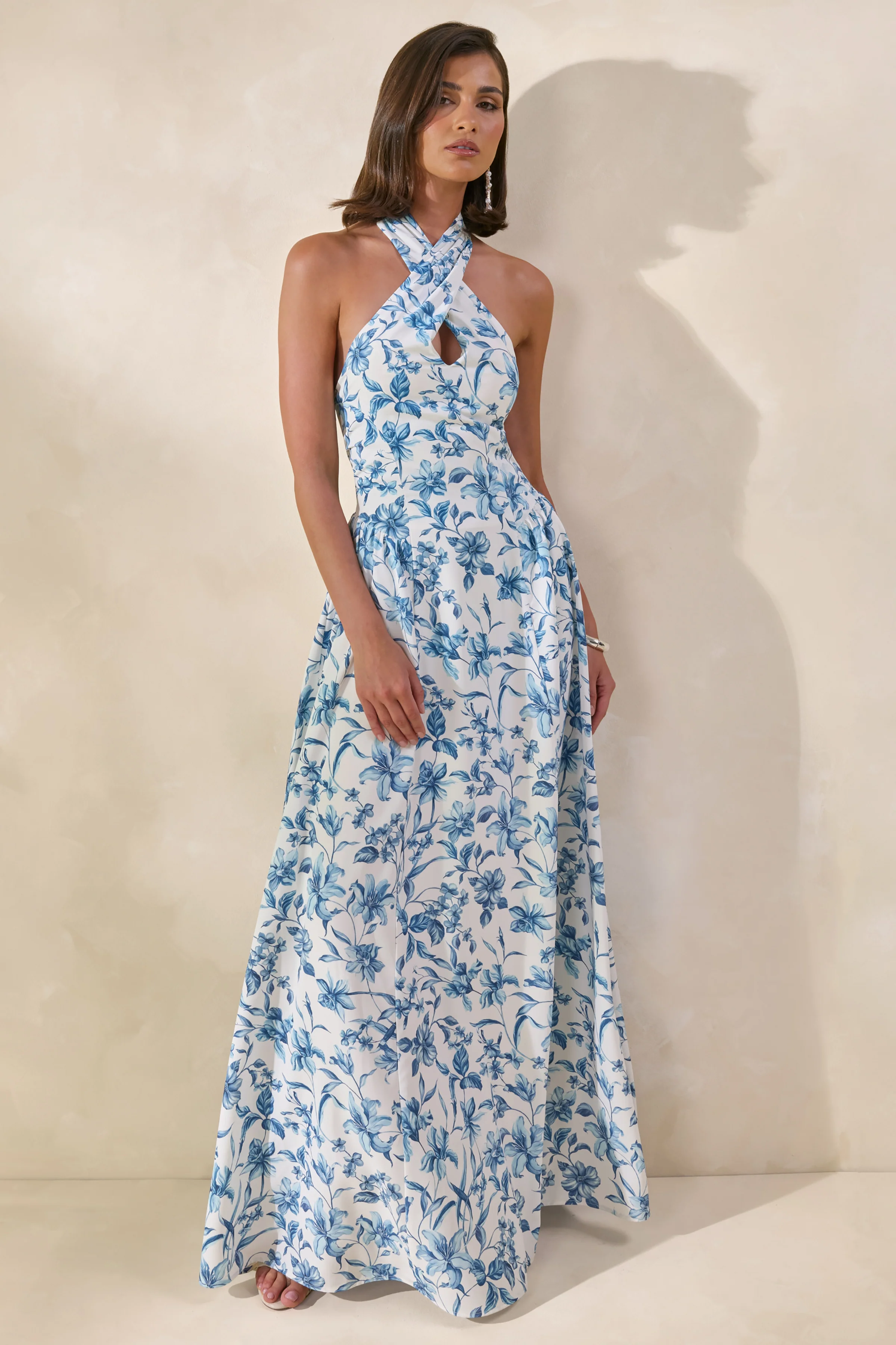 Liana | Blauwe Porselein Print Halternek Maxi Jurk - Image 4