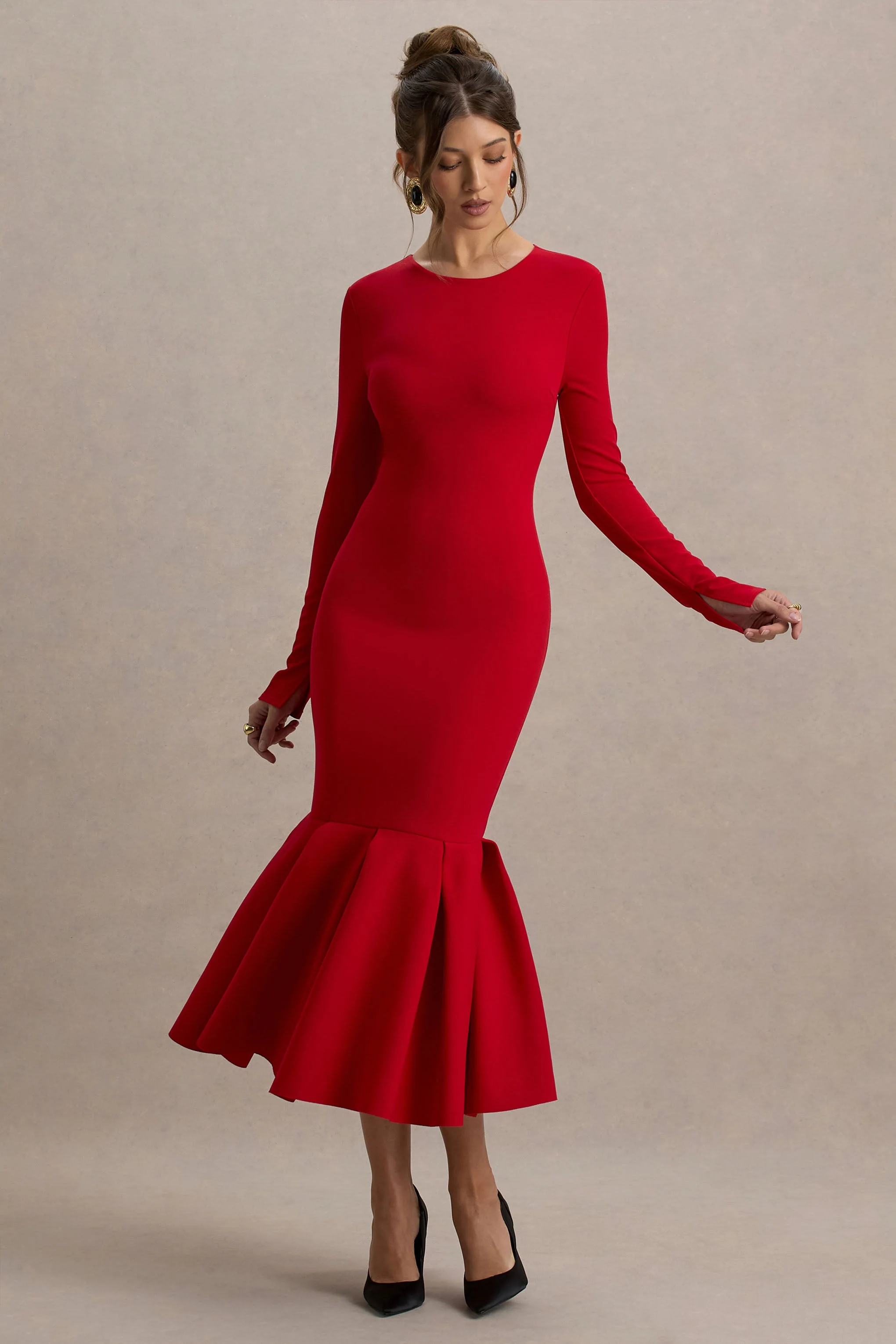 Liberty | Rode Hoge Hals Meermin Maxi Jurk Met Ruches Detail - Image 4