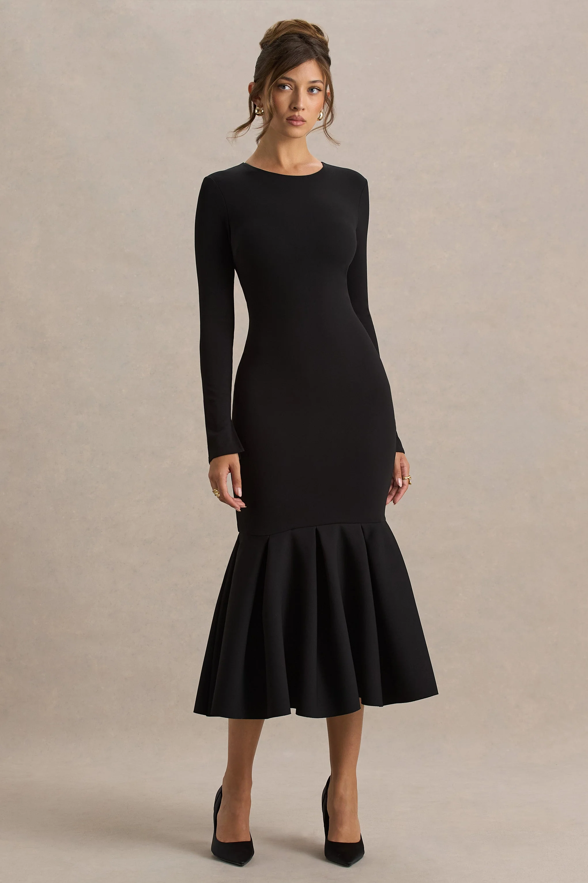 Liberty | Zwarte Hoge Hals Meermin Maxi Jurk Met Ruches detail - Image 3