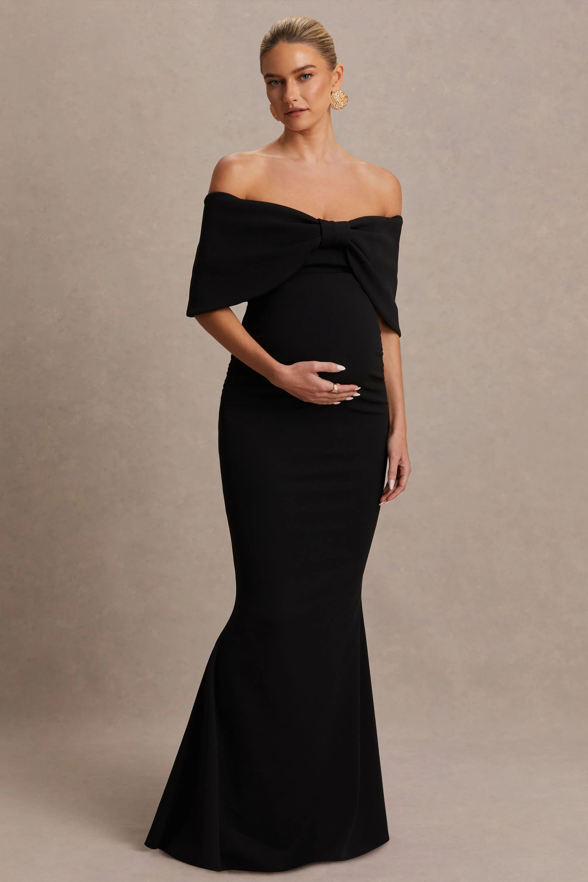 Libra | Zwarte Strik Bardot Zwangerschaps Maxi Jurk - Image 4