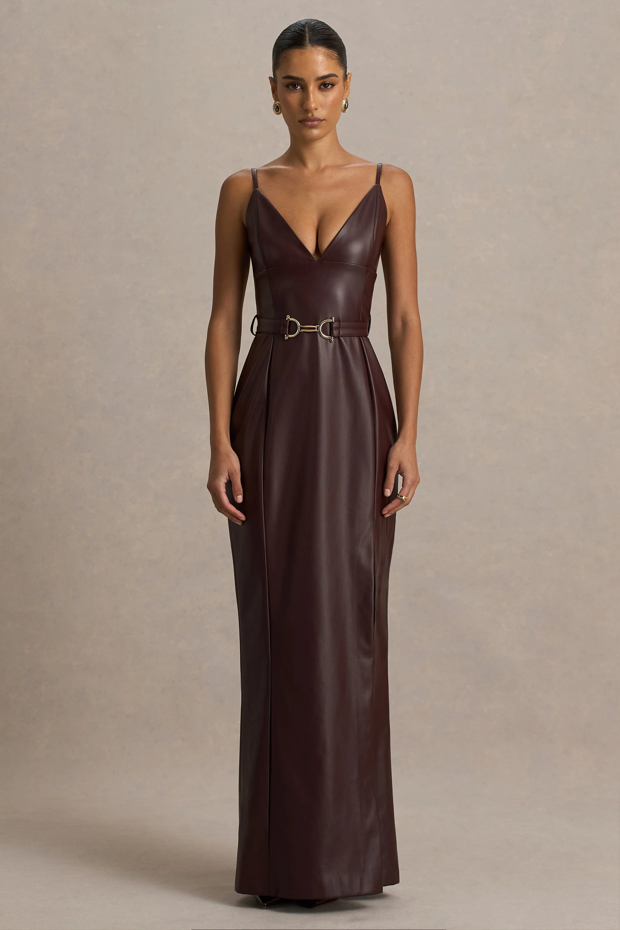 Lila | Bordeaux Kunstleer Diepe V-Hals Maxi Jurk Met Splits - Image 4