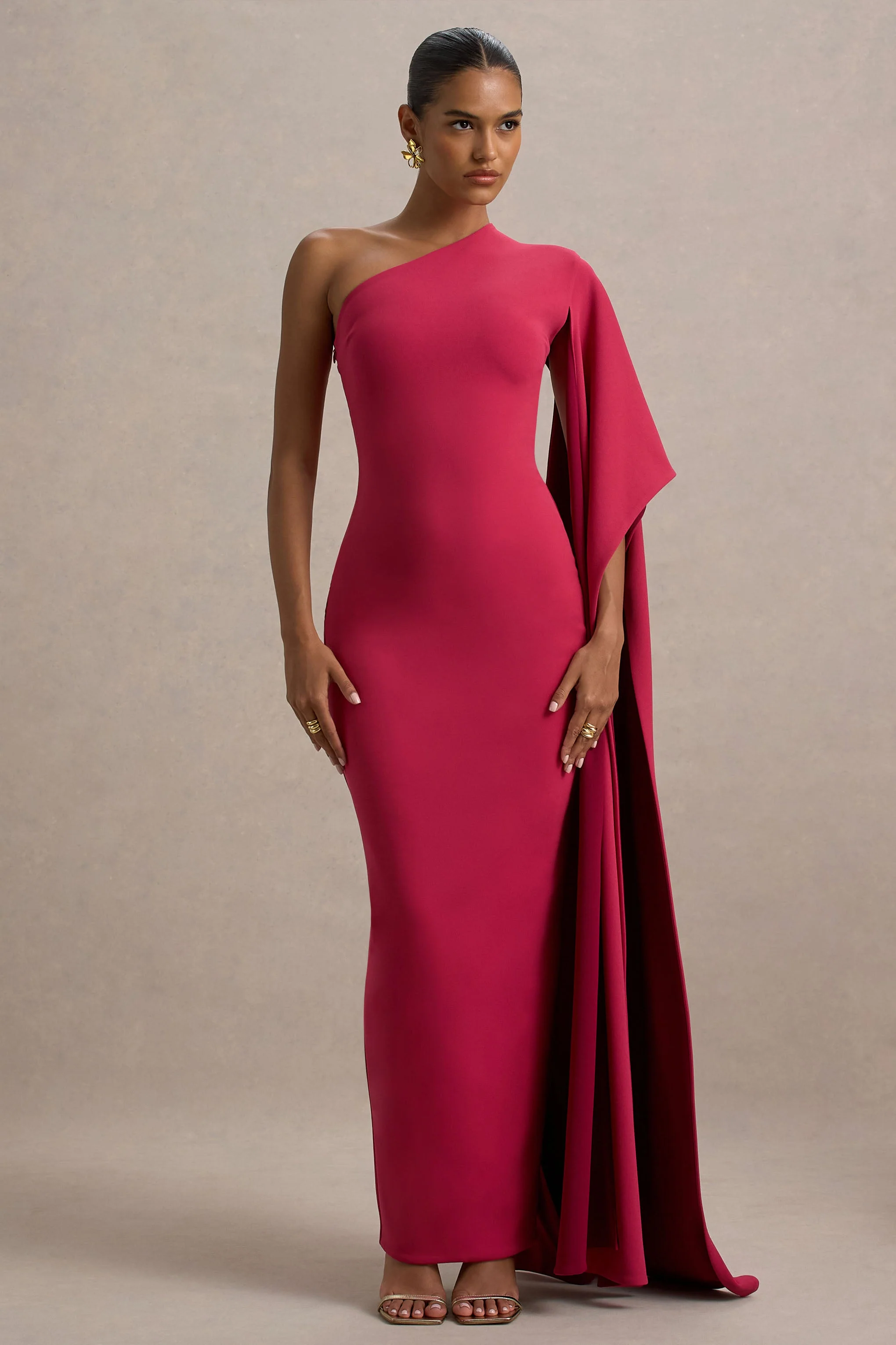 Lily | Felroze & Bordeaux Asymmetrische Maxi Jurk Met Cape Mouw