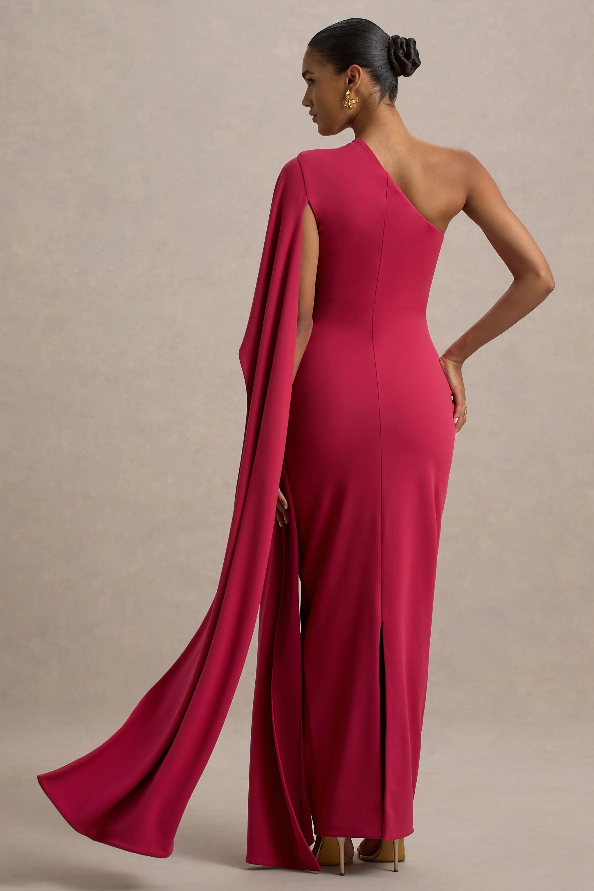 Lily | Felroze & Bordeaux Asymmetrische Maxi Jurk Met Cape Mouw - Image 2