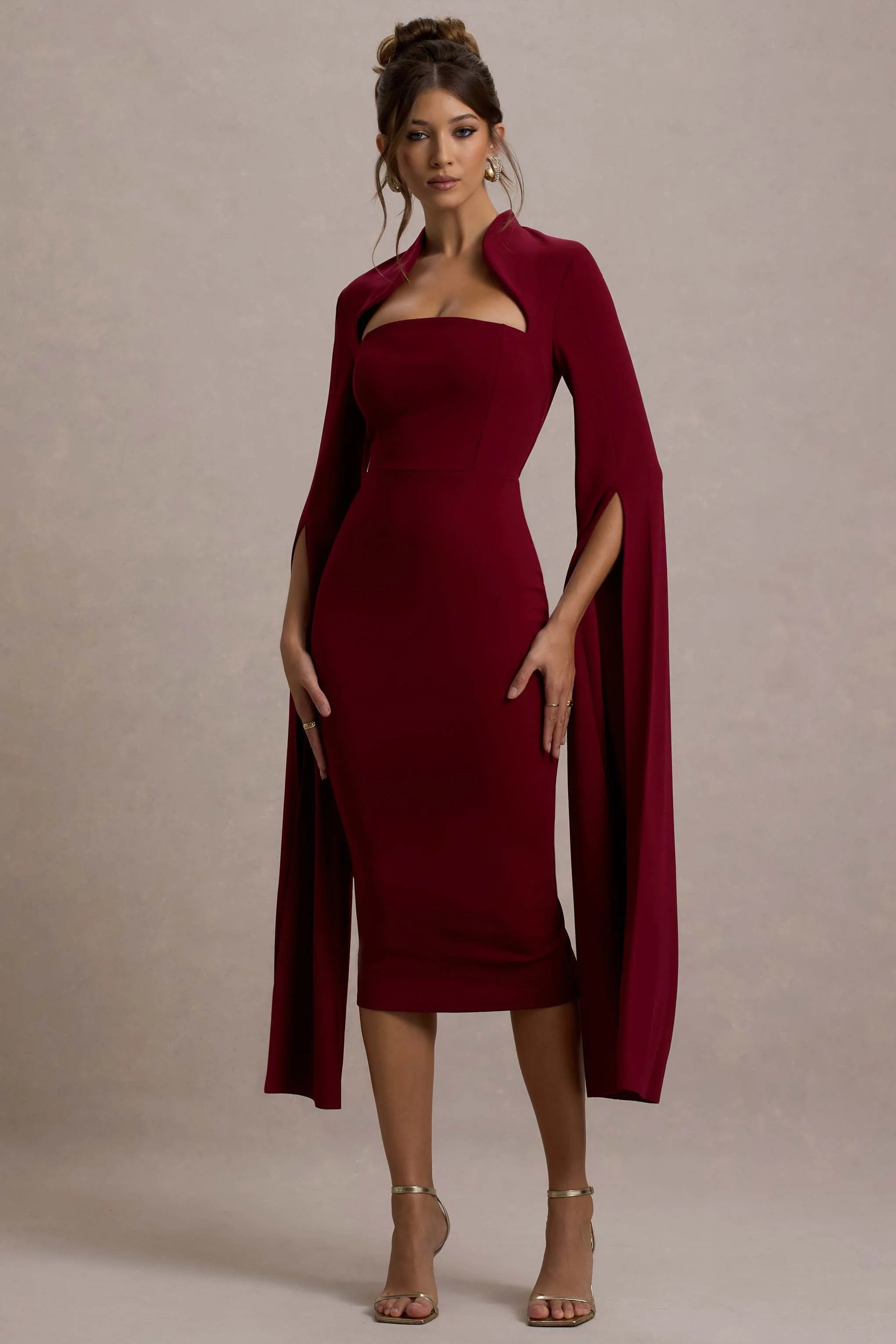 Linden | Bordeaux Bodycon Cape Mouw Midi Jurk - Image 4