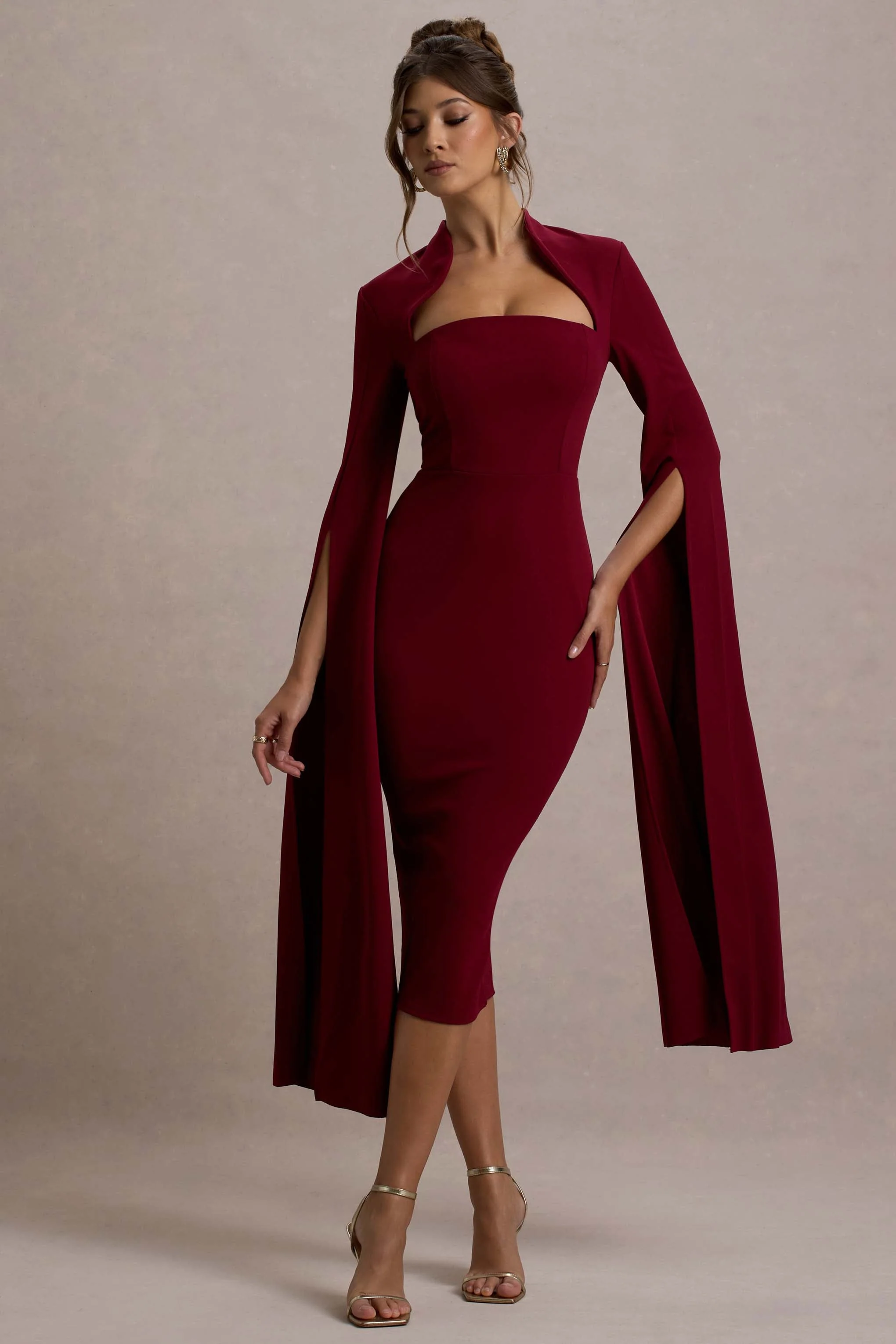 Linden | Bordeaux Bodycon Cape Mouw Midi Jurk - Image 5