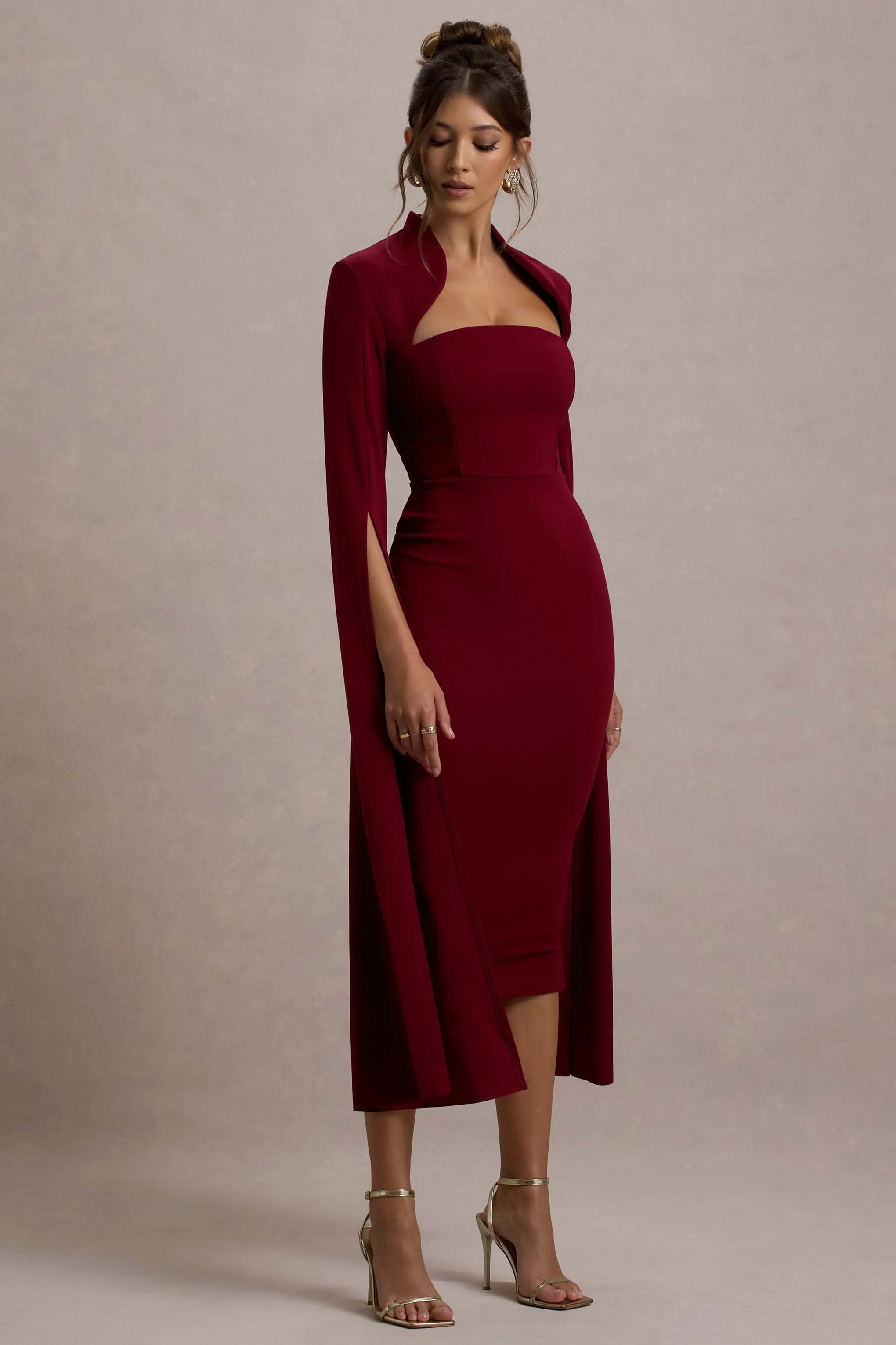 Linden | Bordeaux Bodycon Cape Mouw Midi Jurk - Image 6